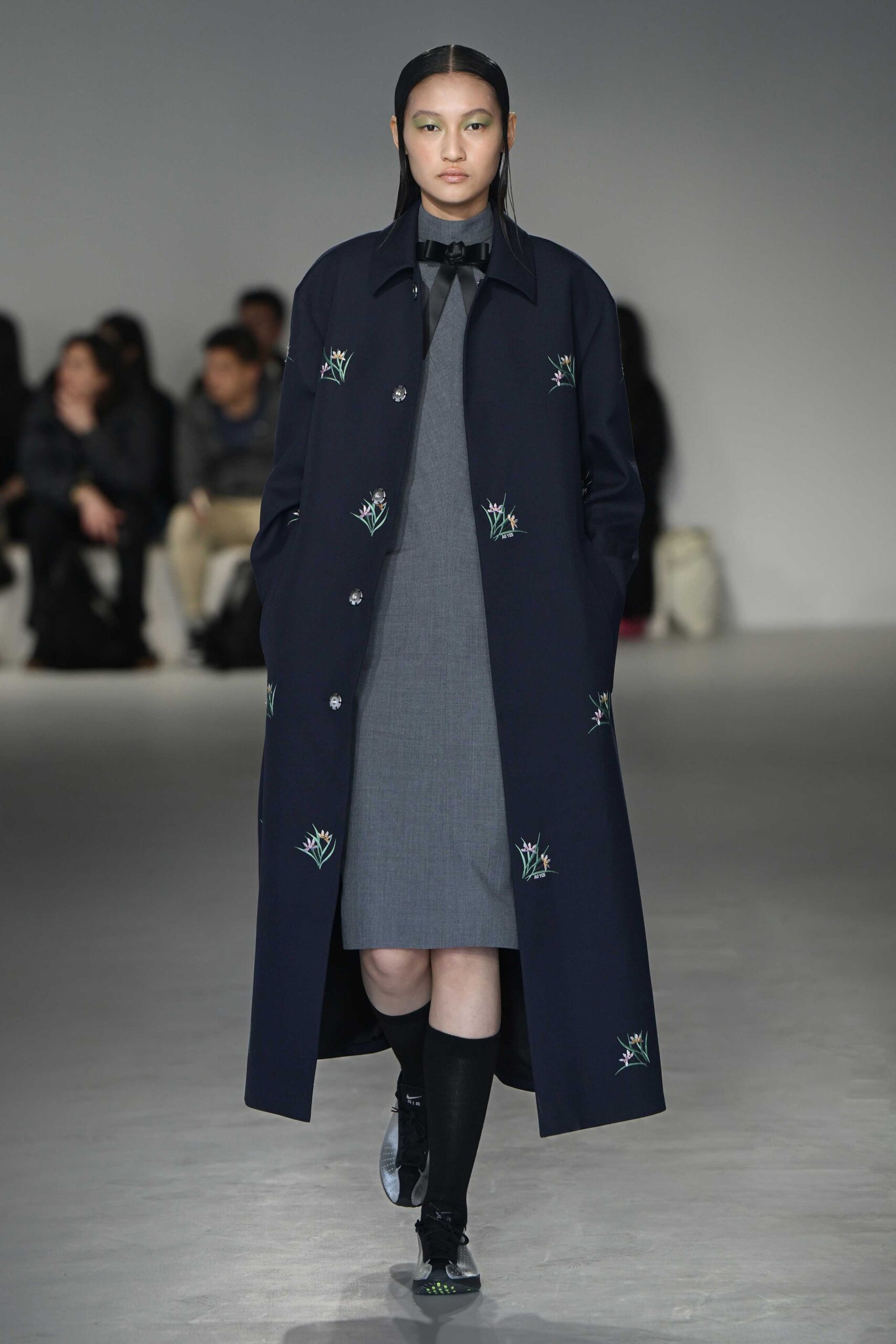 black wool coat gray dress