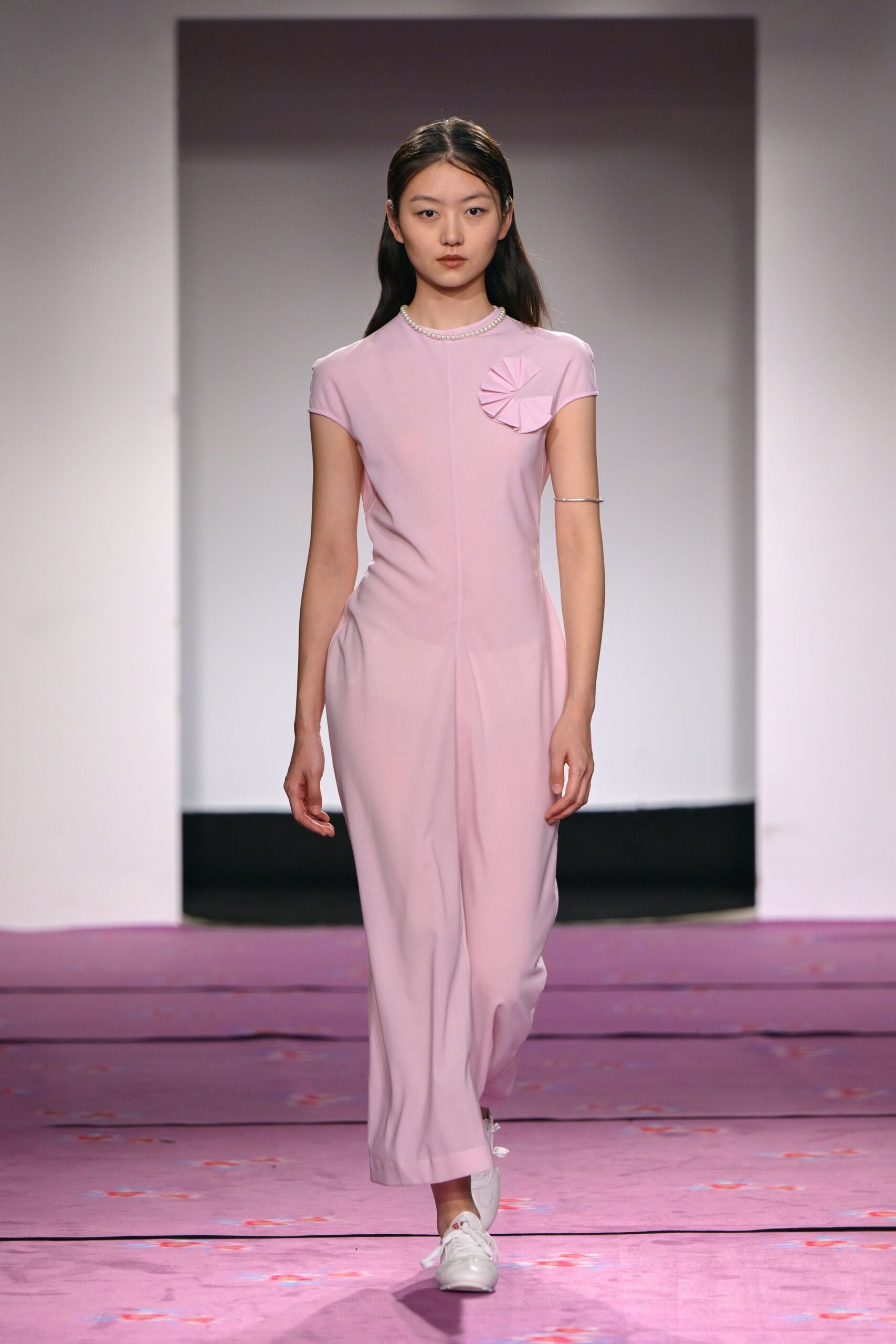 pink cotton short-sleeve v-neck fitted pleated midi jumpsuit