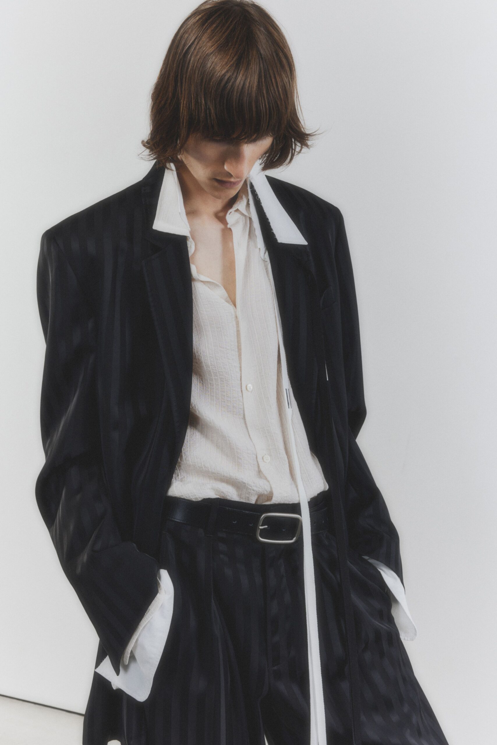 ivory cotton long-sleeve collared relaxed buttoned textured shirt