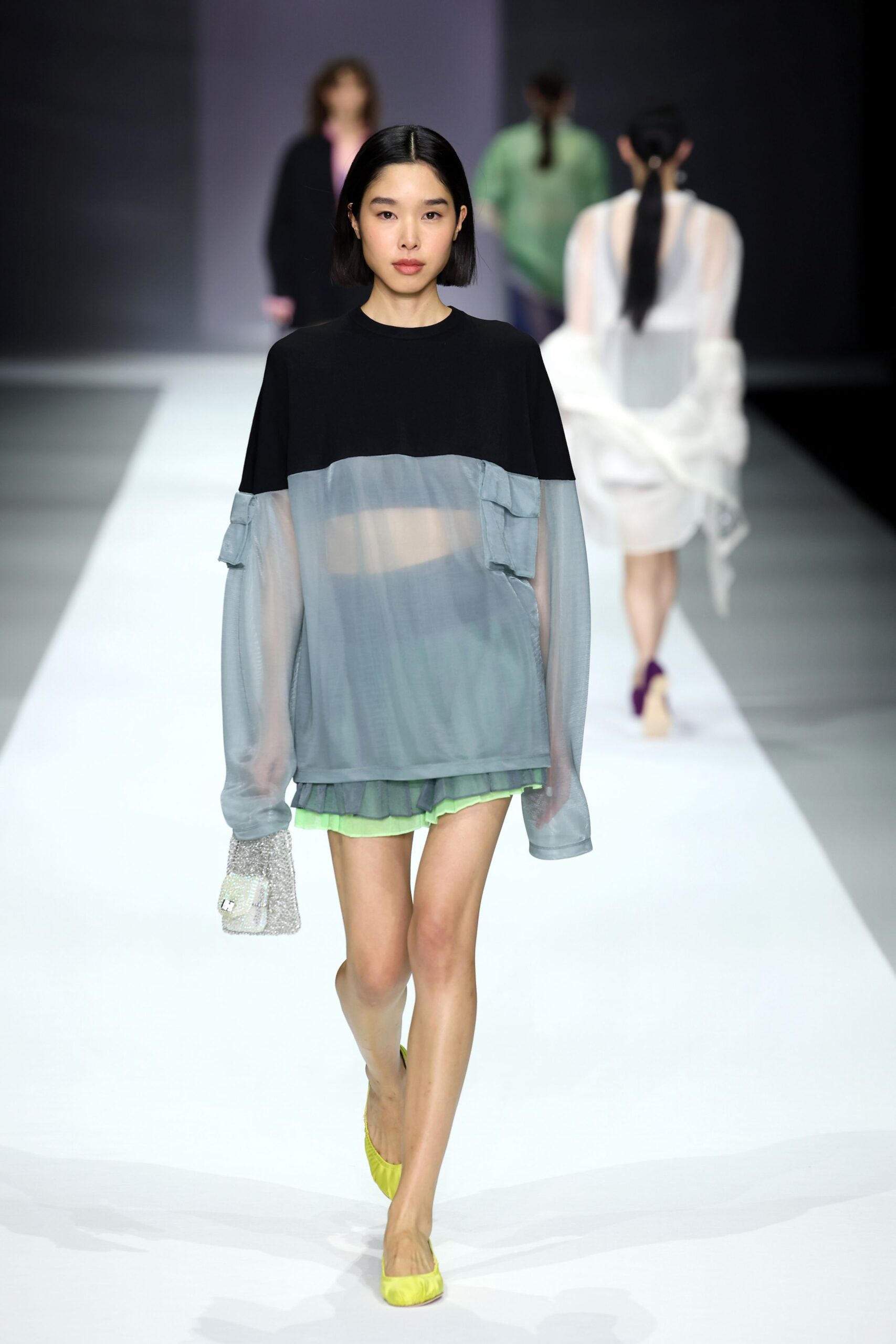 black cotton long-sleeve relaxed ruffled sheer cropped top