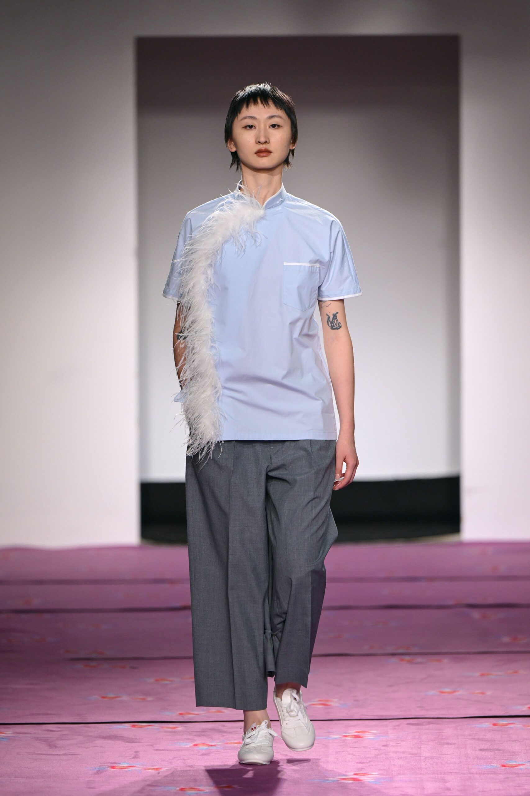 light blue top gray pants