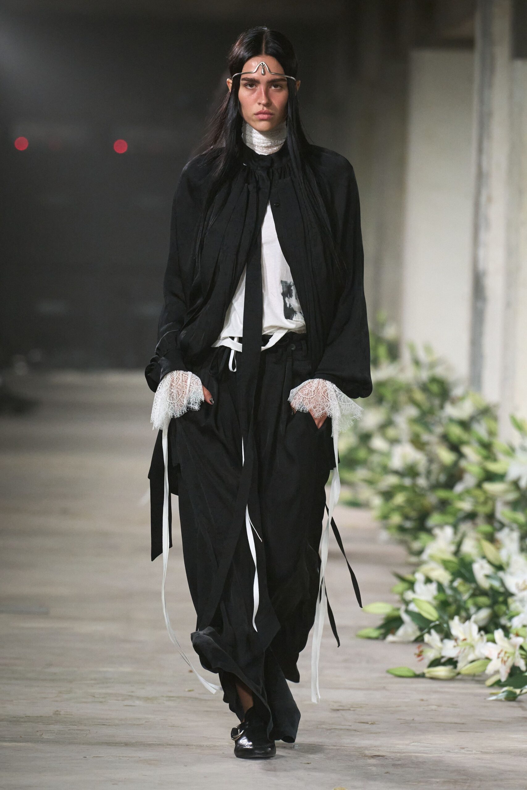 black relaxed pants with white top