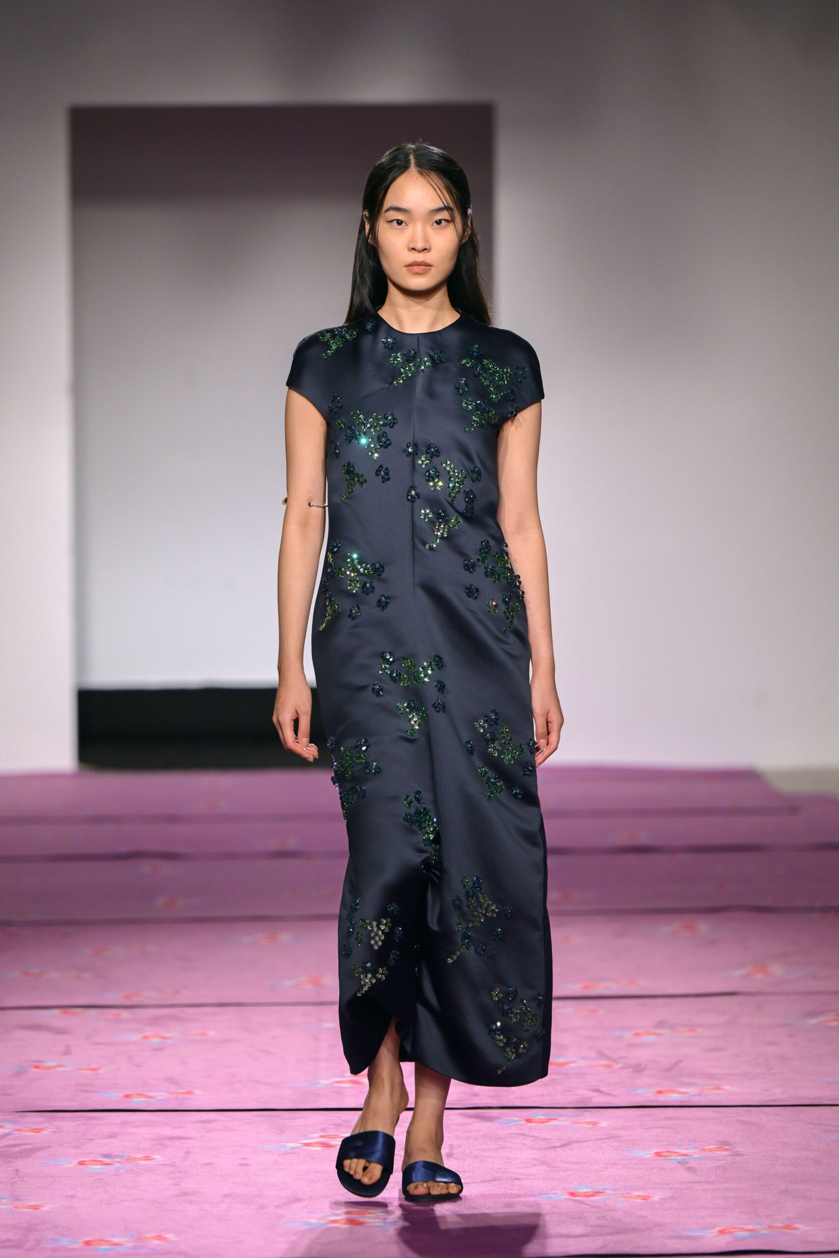 navy silk embroidered midi dress with blue shoes