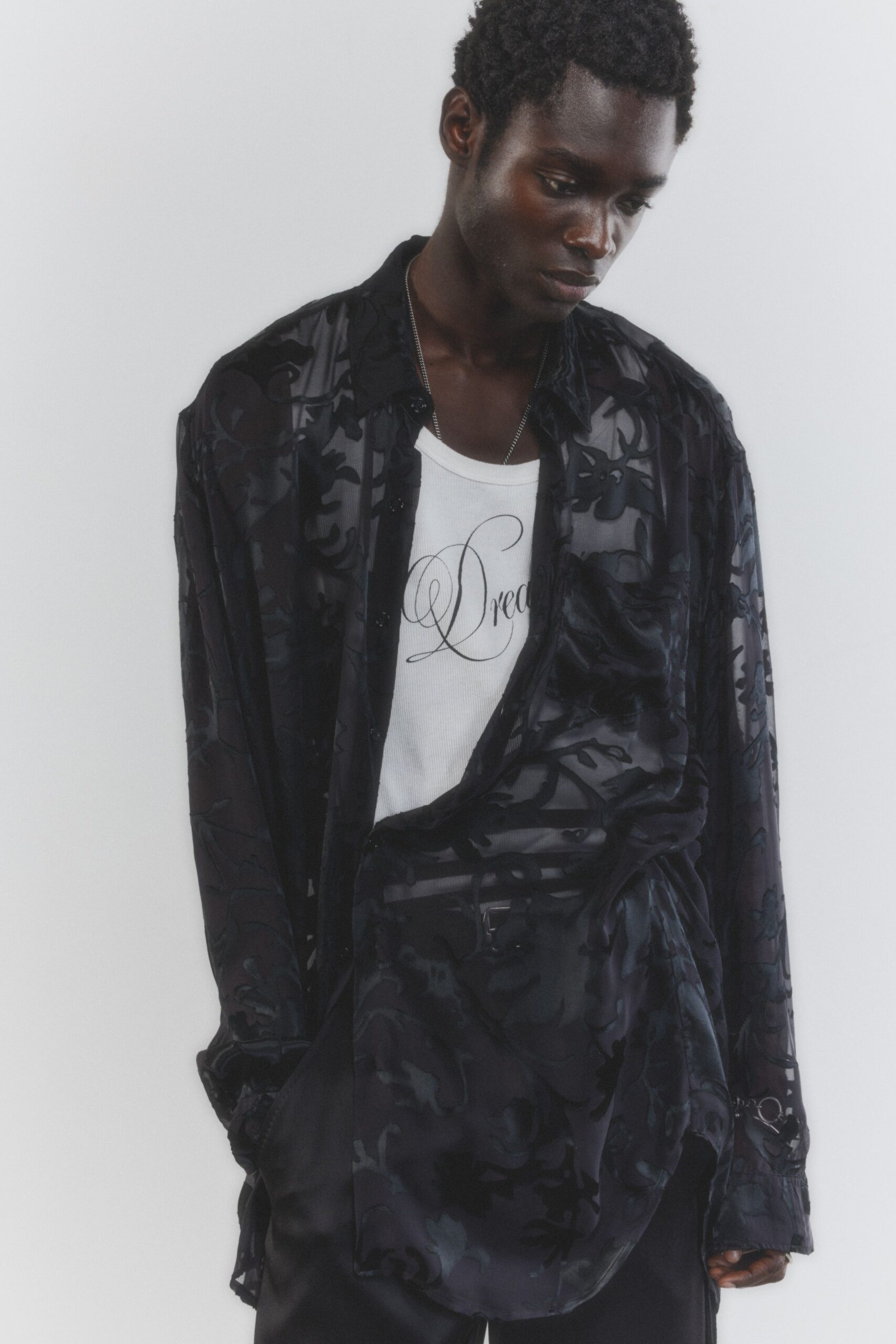 black silk long-sleeve collared oversized longline shirt