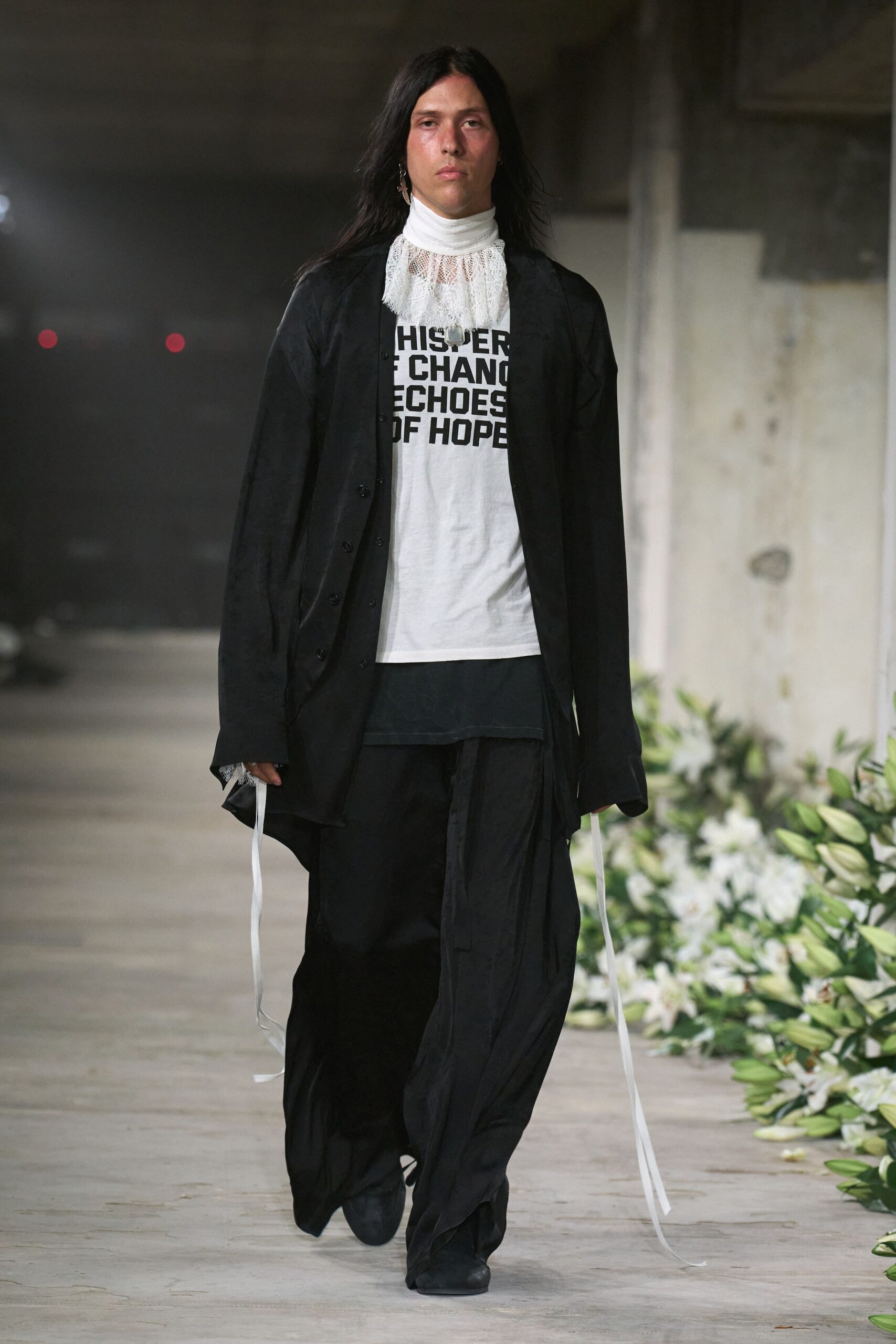 black oversized coat with relaxed shirt and pants