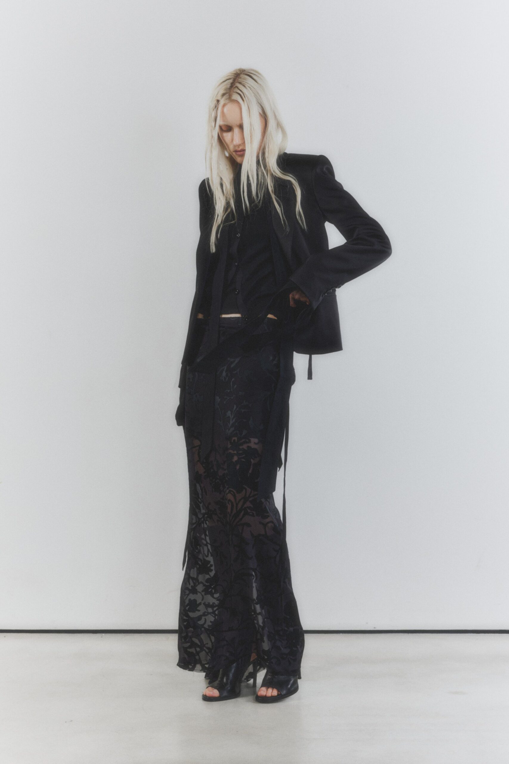 black lace high-neck relaxed printed layered sheer skirt