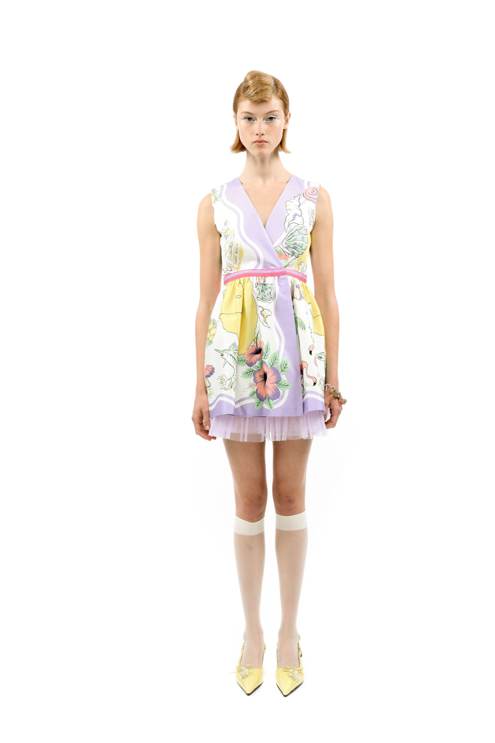 floral mini dress with yellow shoes