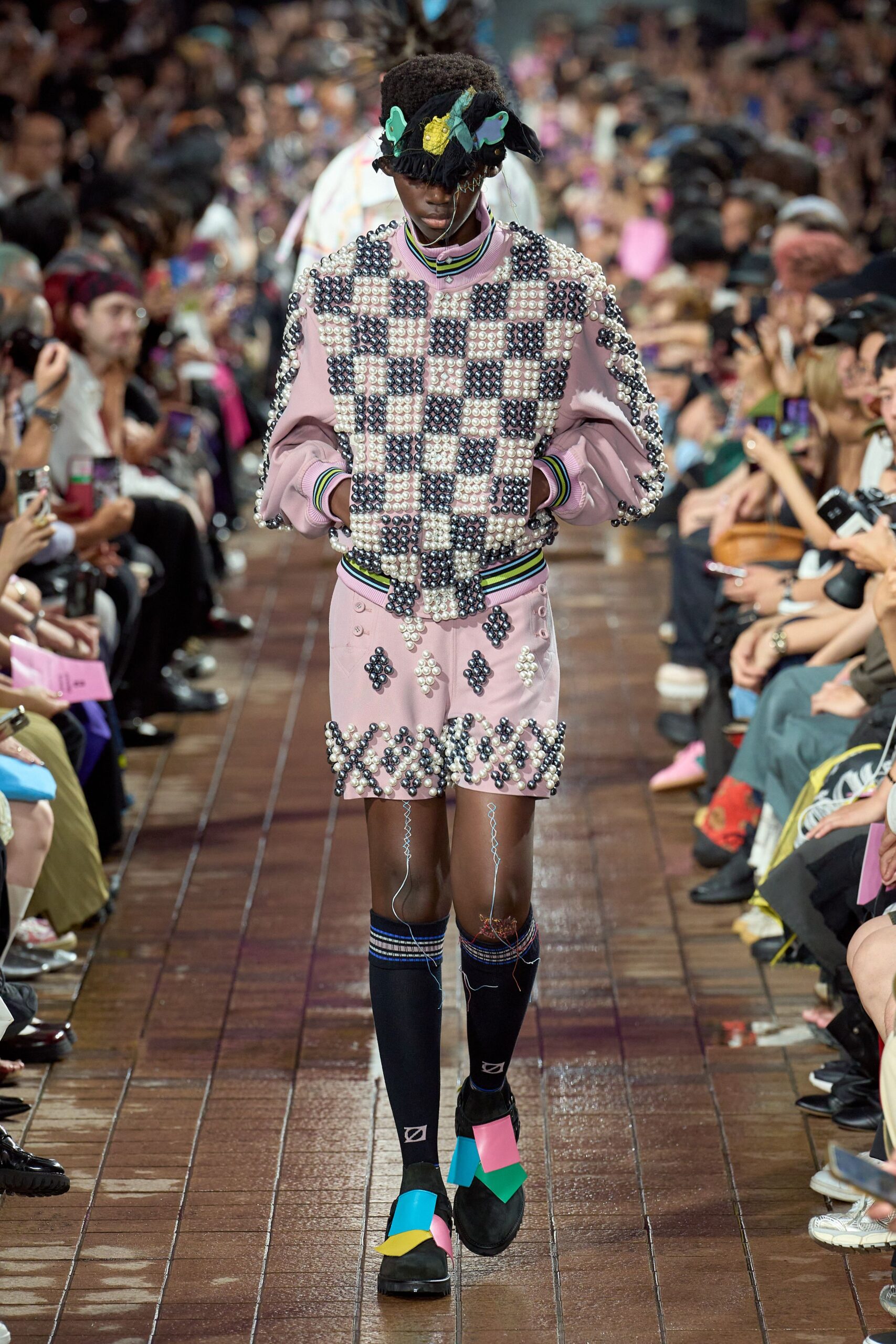pink checked top with mini skirt