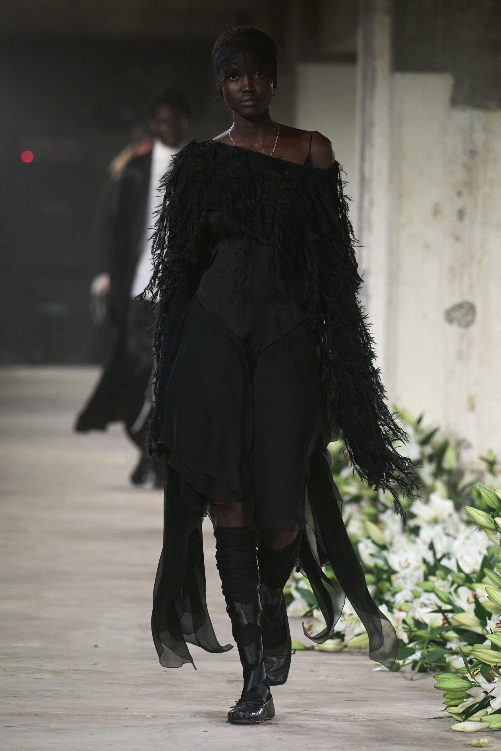 black silk long-sleeve oversized fringed coat
