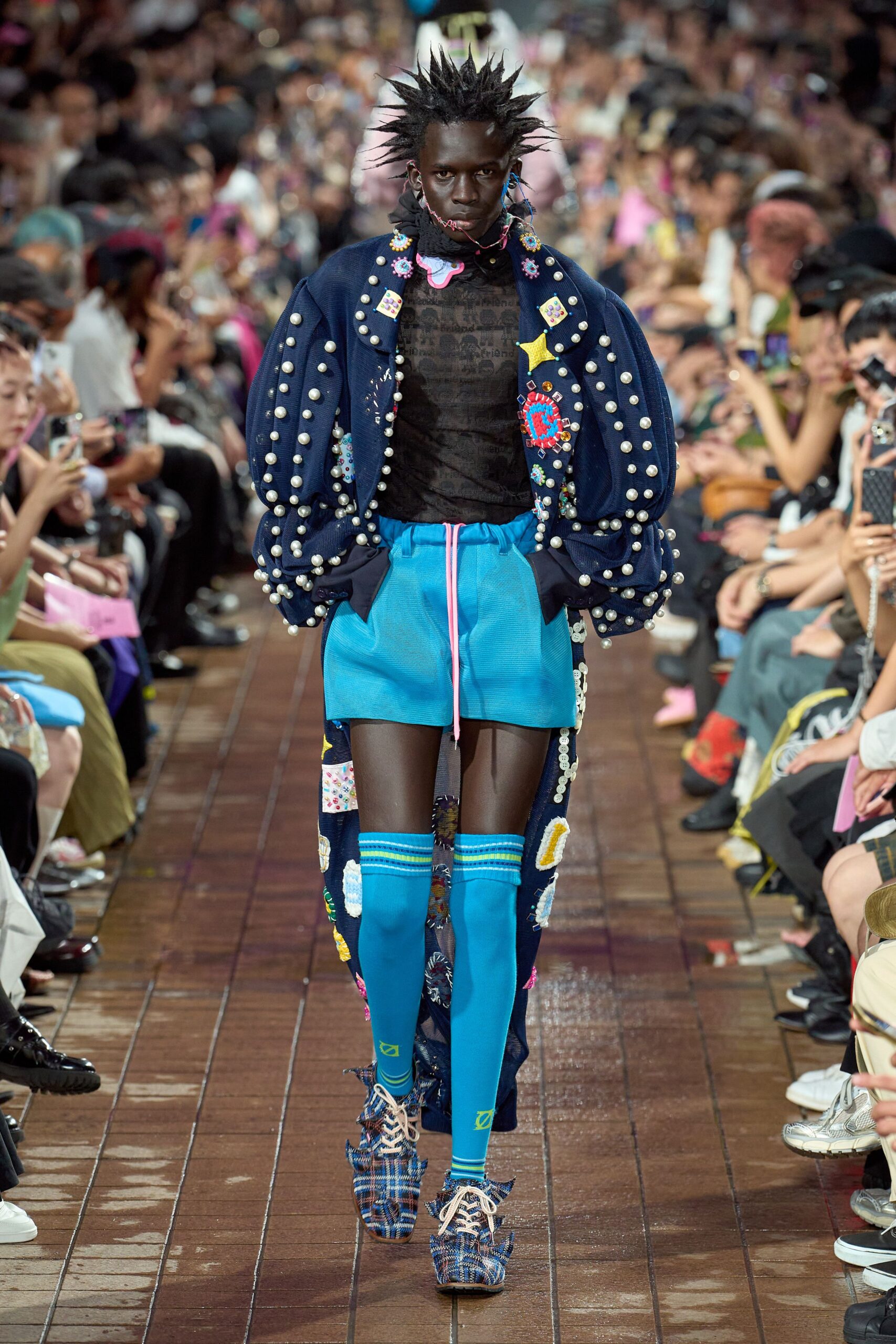 blue cotton long-sleeve collared oversized embroidered buttoned jacket