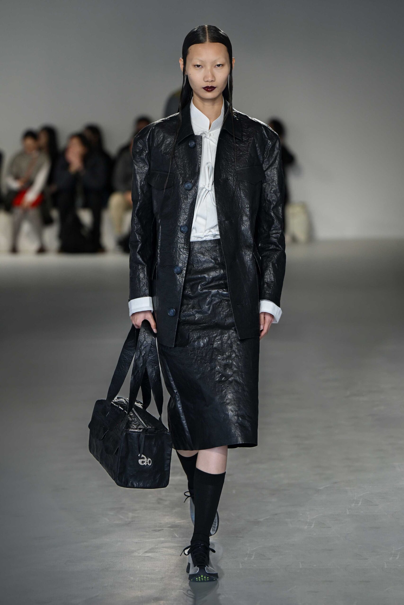 black leather jacket and skirt outfit