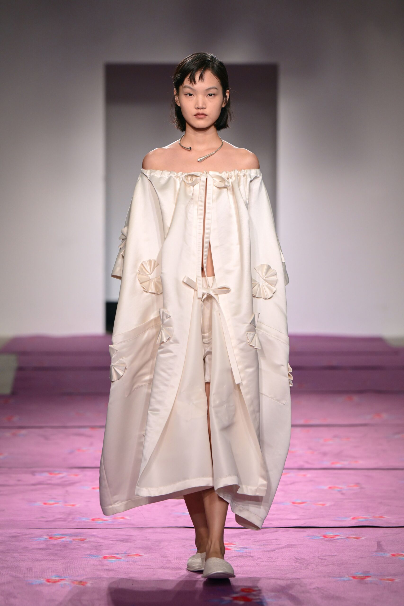 white silk off-shoulder long-sleeve relaxed draped maxi dress