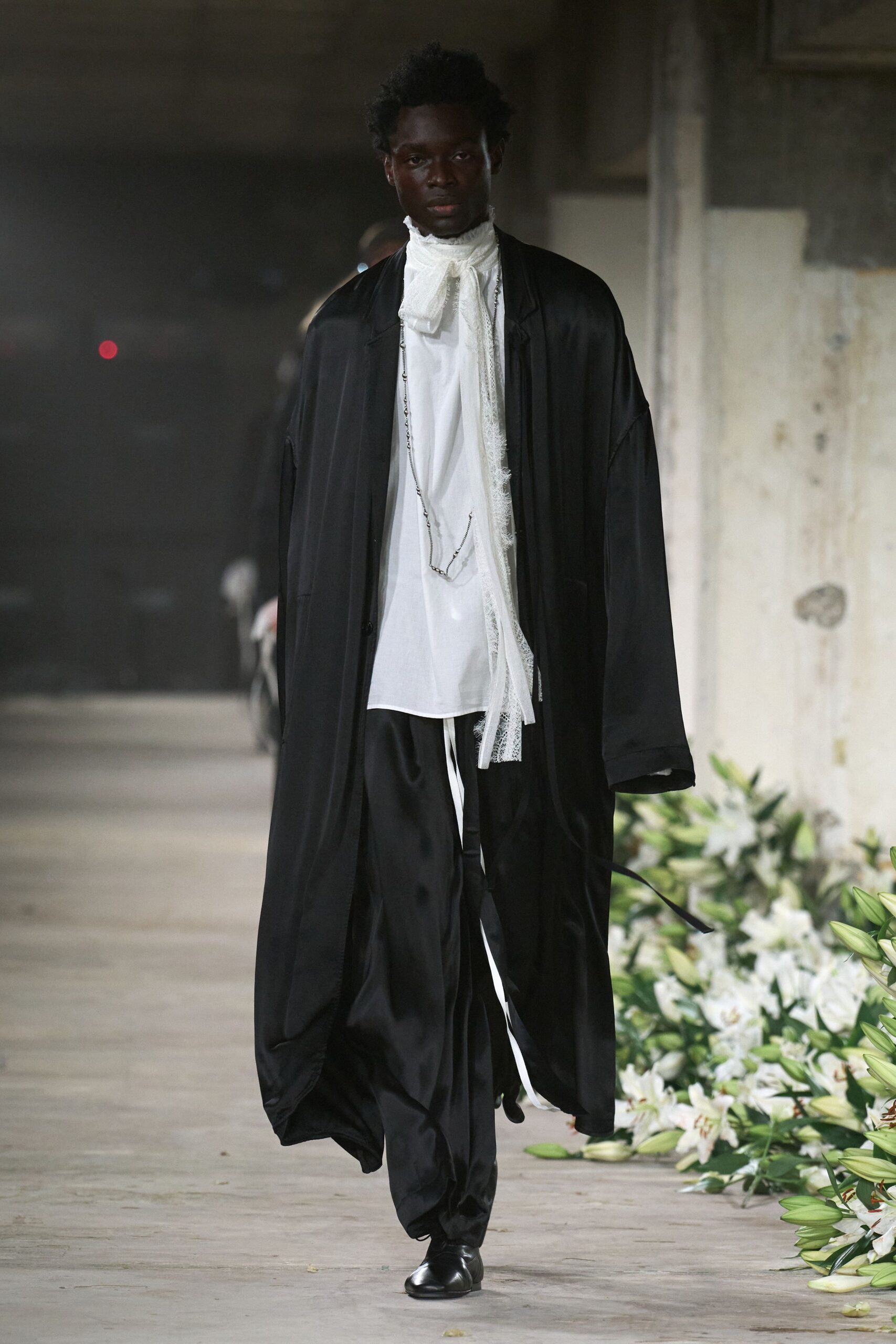 black silk coat with white shirt