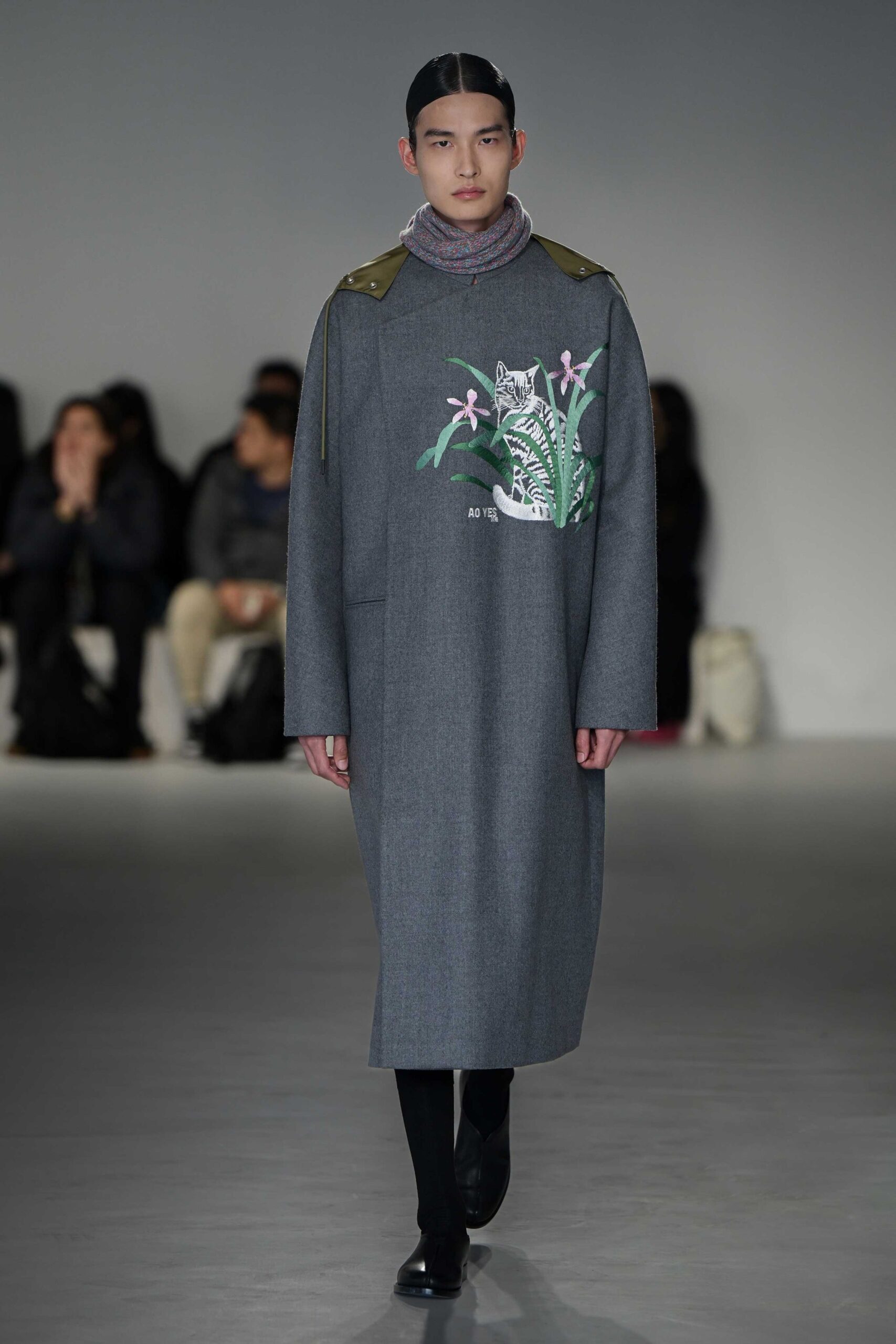 gray wool long-sleeve collared relaxed embroidered midi coat