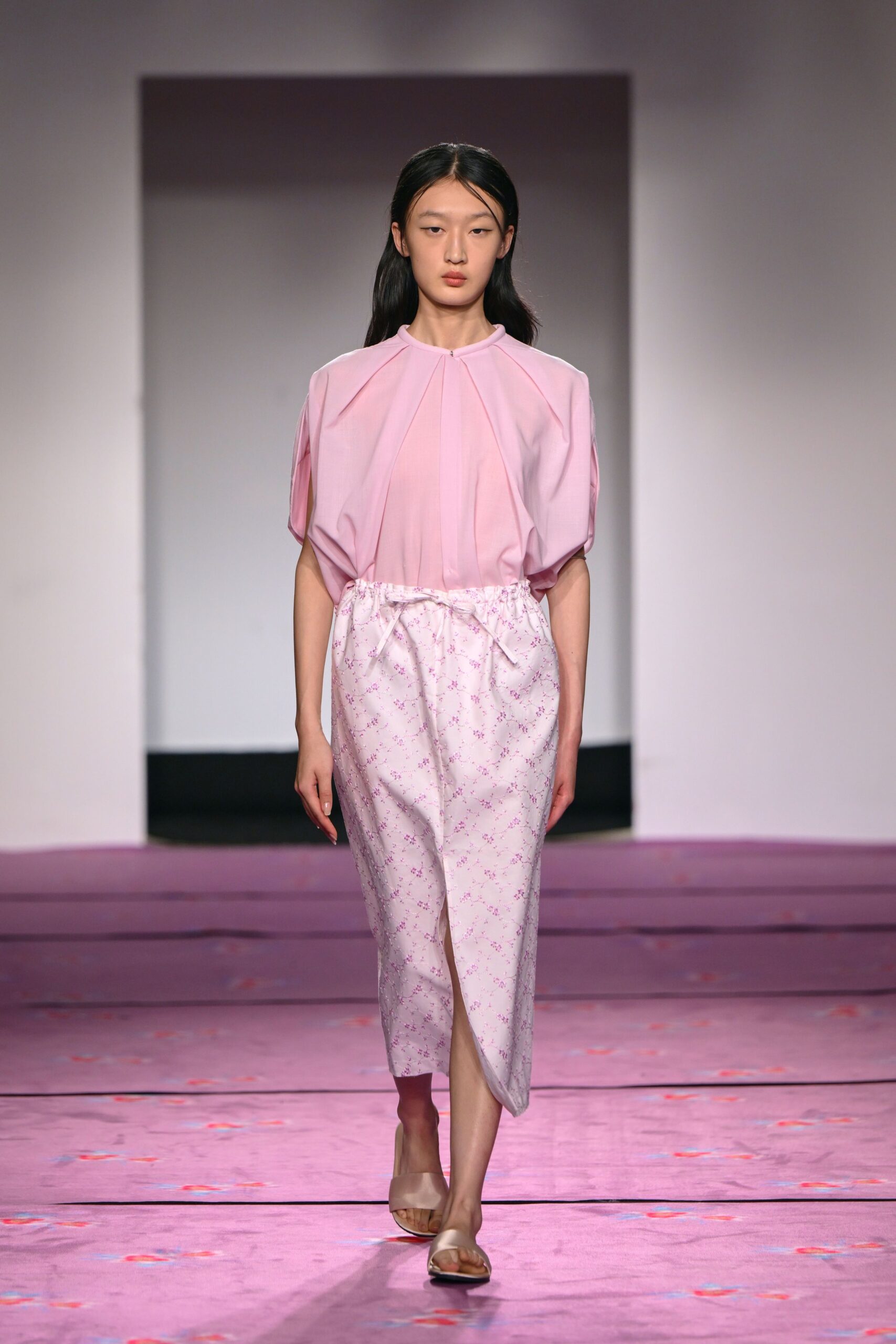 pink relaxed top with midi skirt