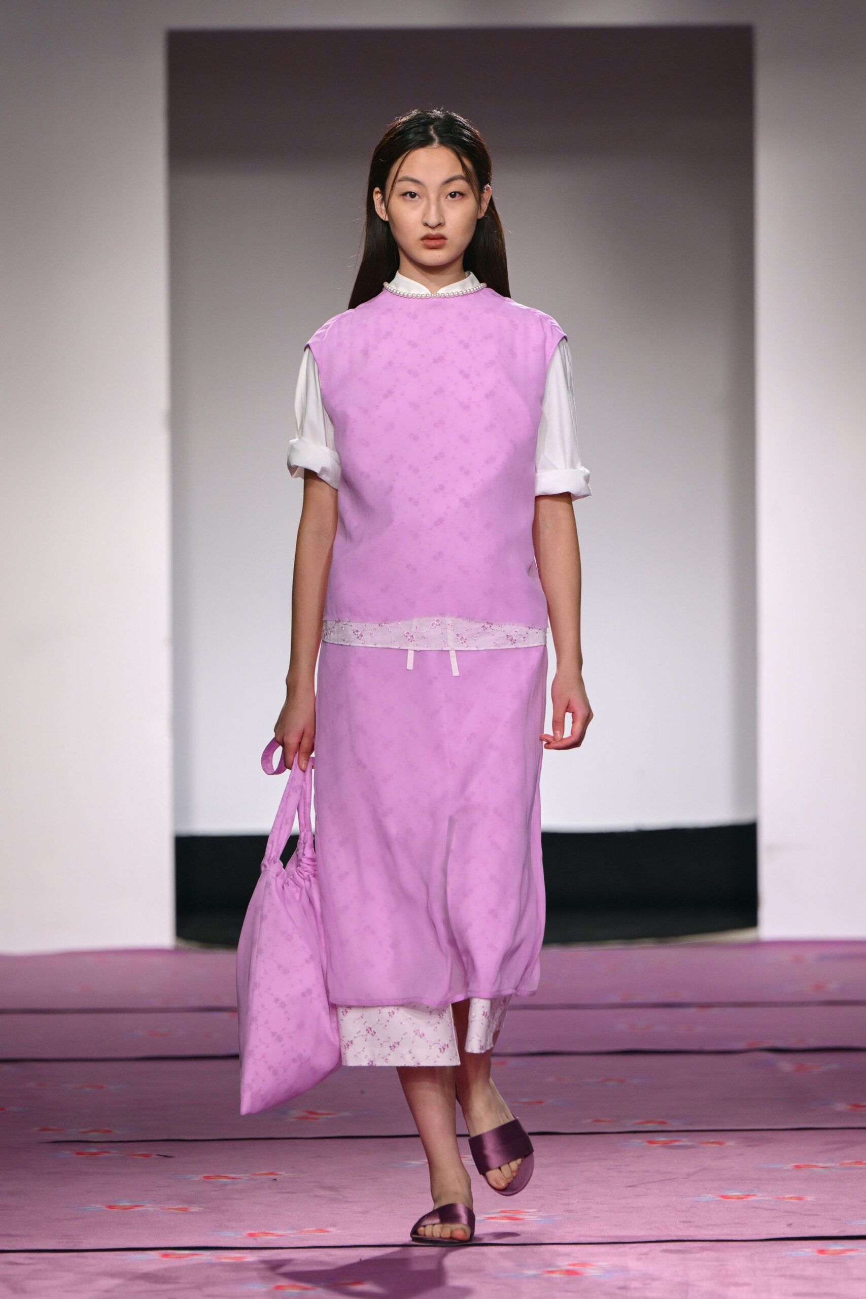 pink cotton sleeveless collared fitted layered midi dress