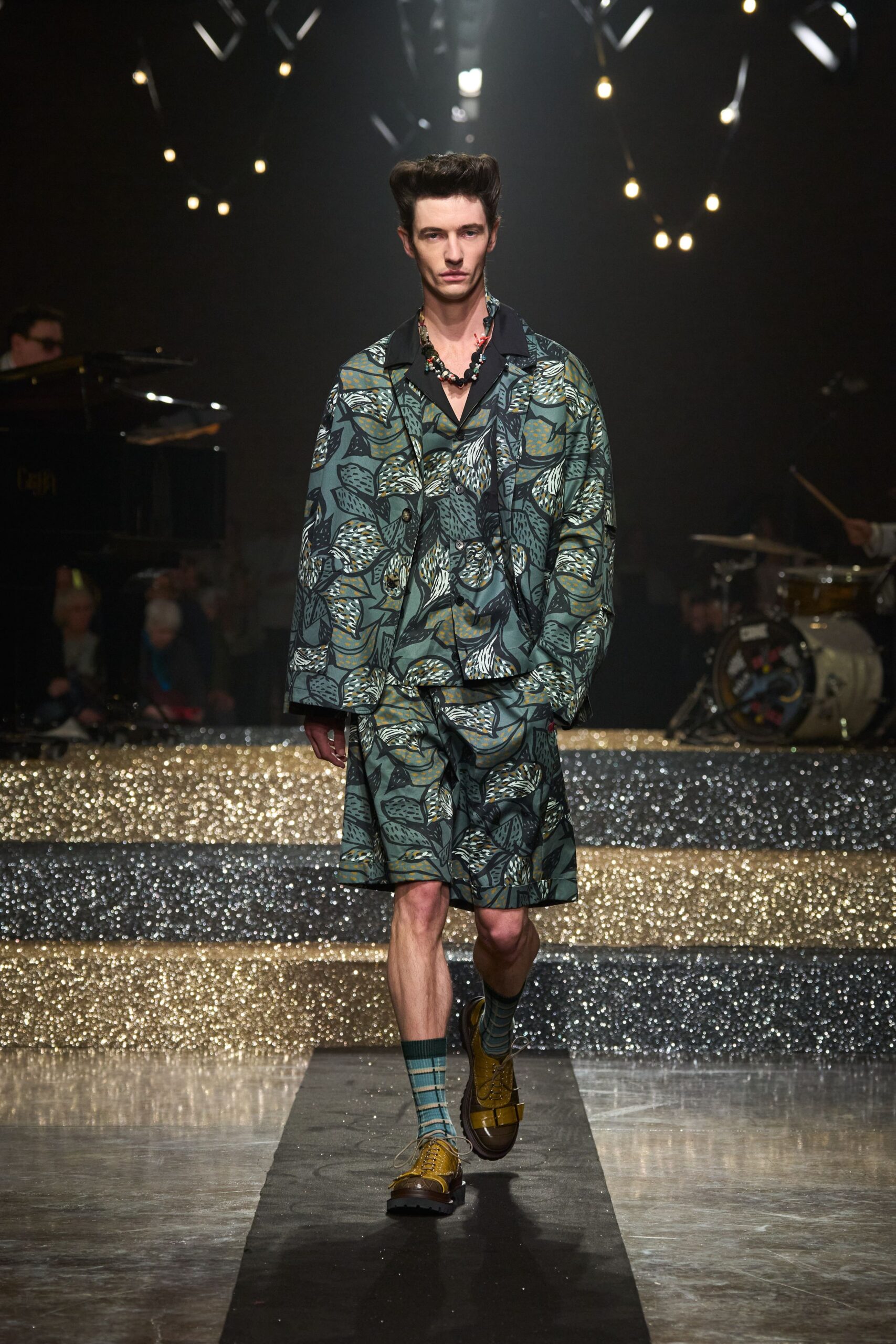 printed blue green jacket and shorts