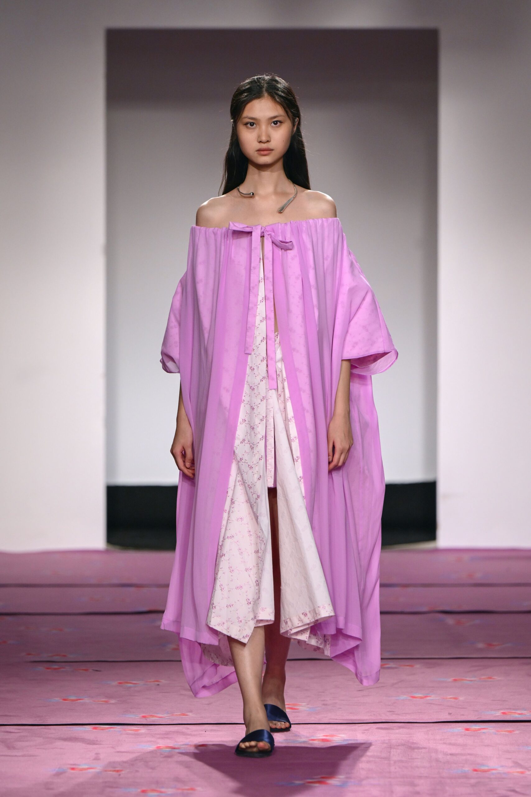 pink layered maxi dress with blue shoes