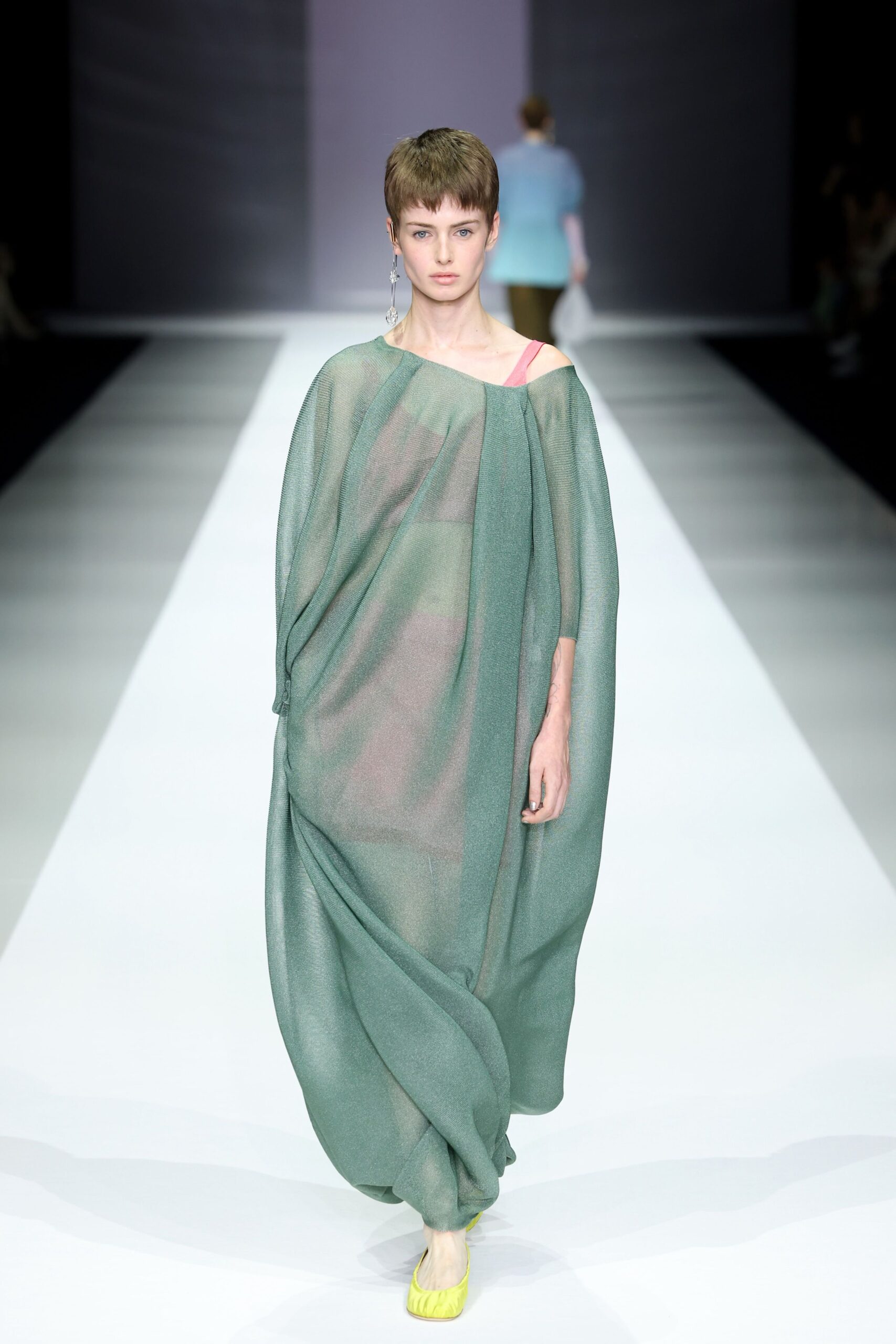 green chiffon sleeveless off-shoulder relaxed draped sheer dress
