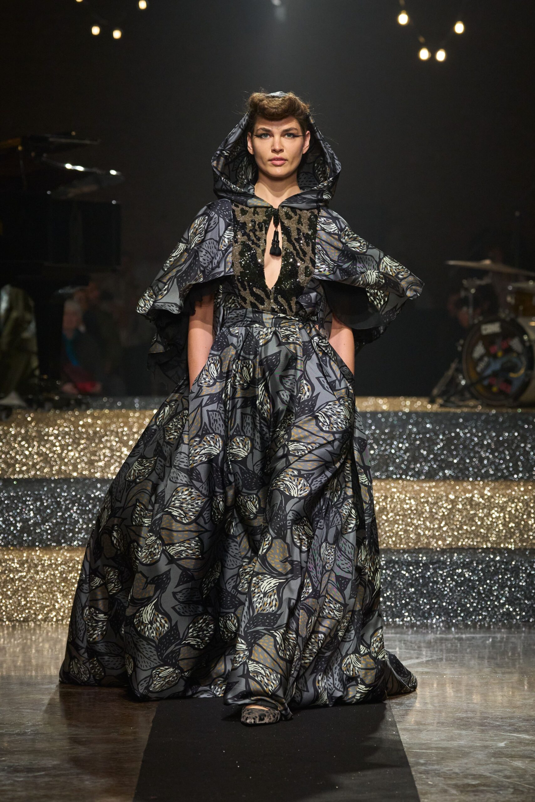 black gold embroidered hooded gown