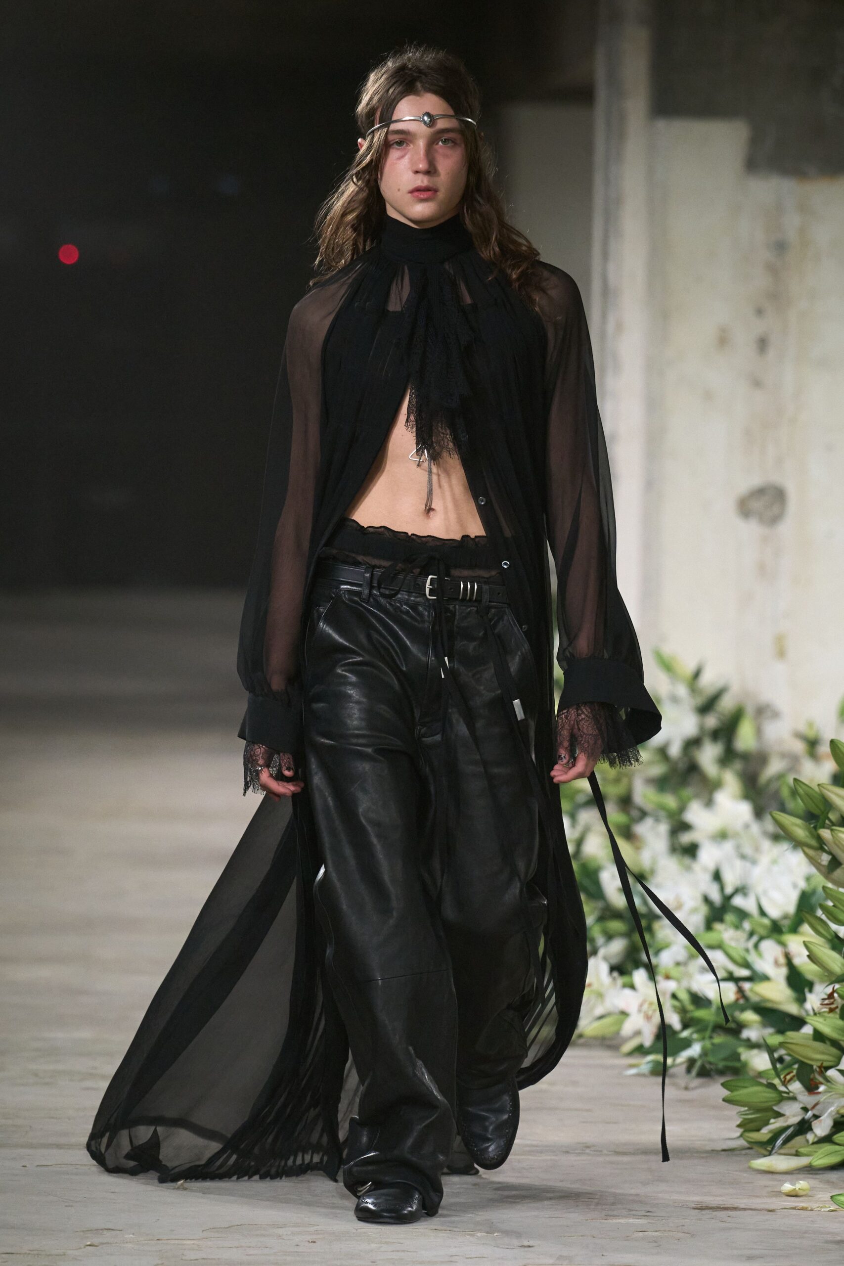 black sheer top and leather pants