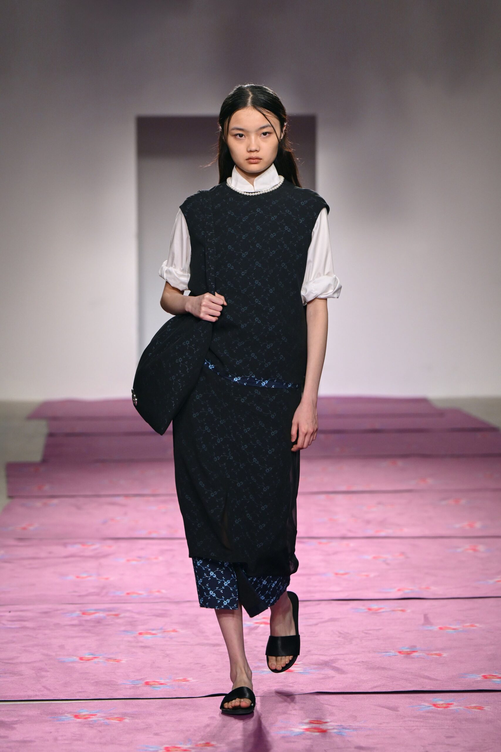 black midi dress with white top