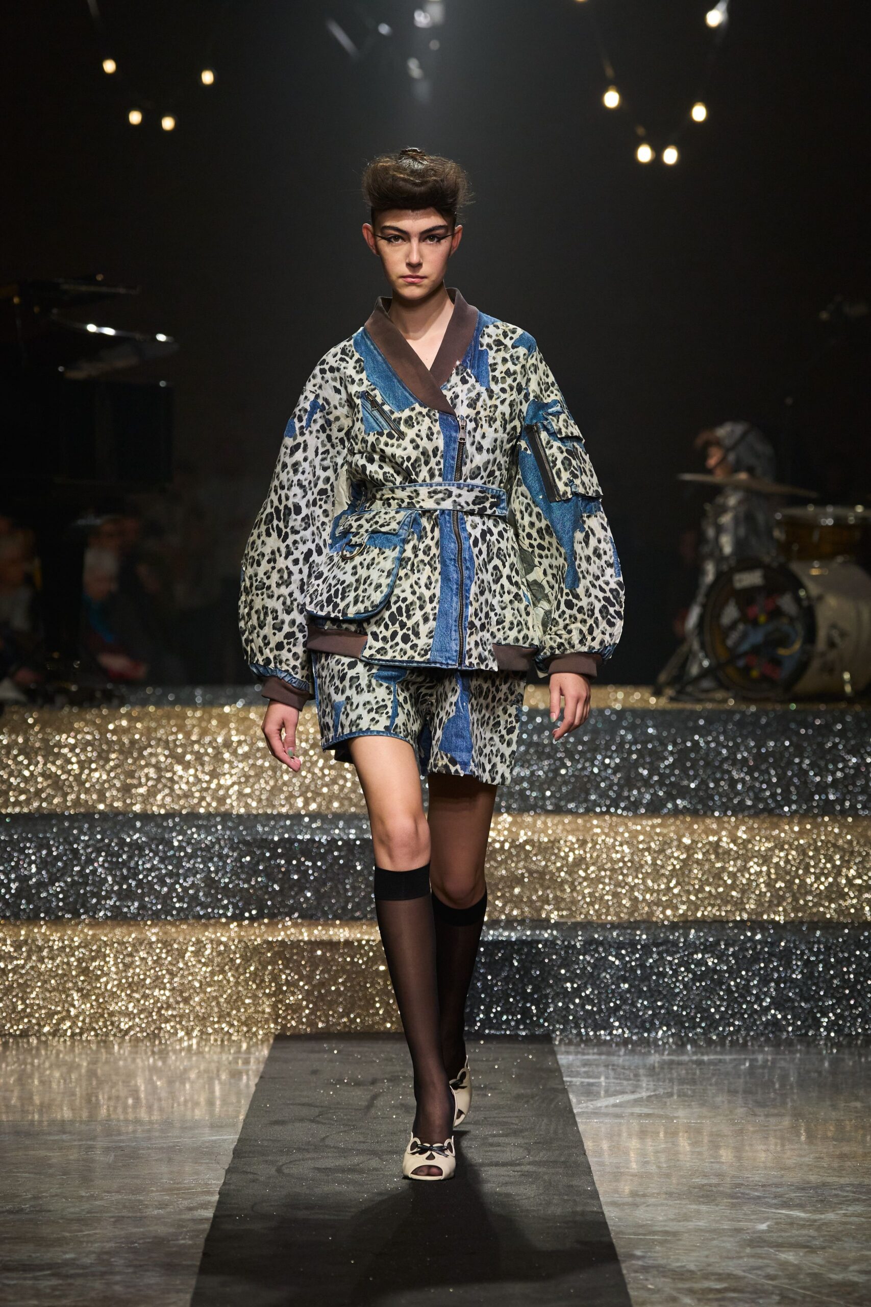 animal-print denim jacket and mini skirt