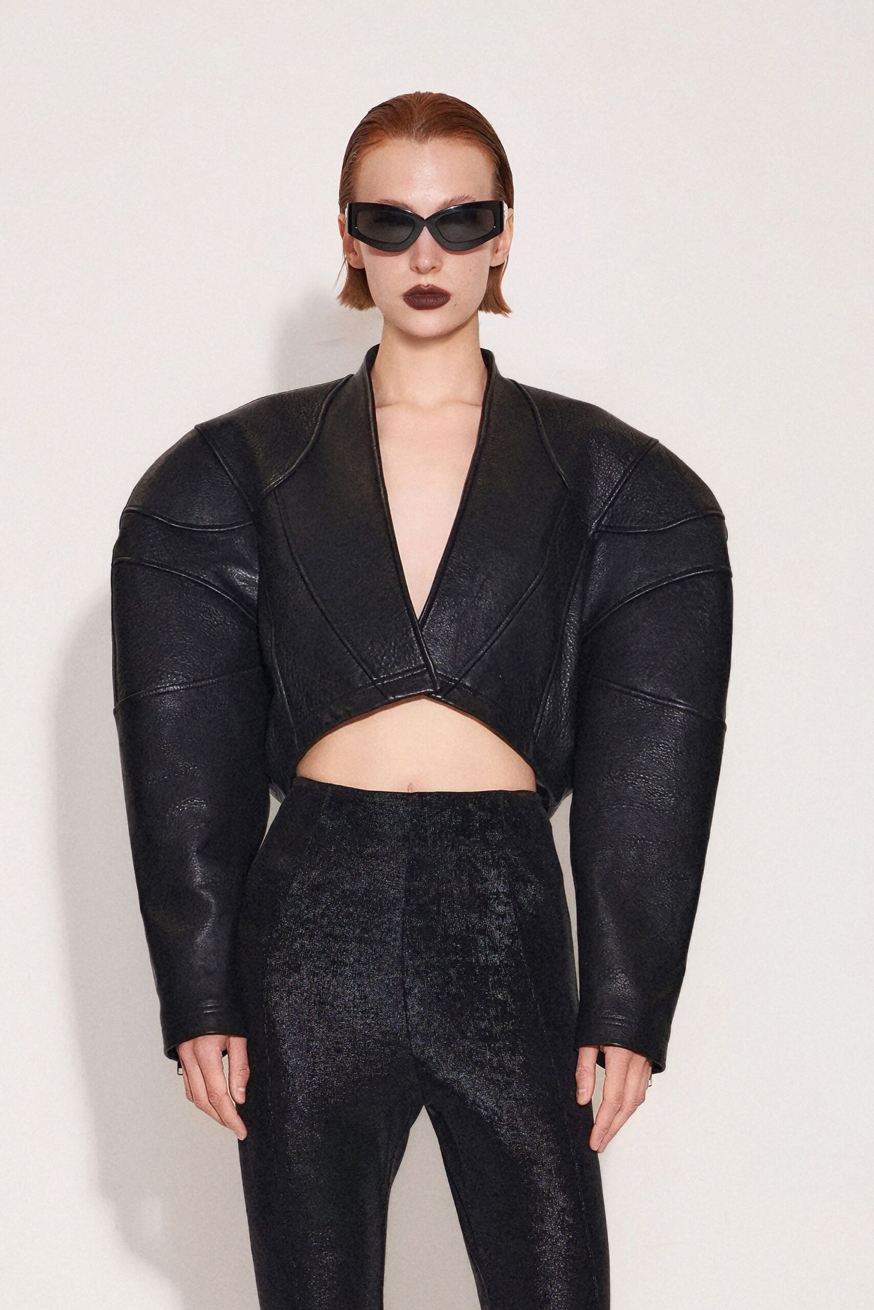 black leather long-sleeve v-neck fitted structured top