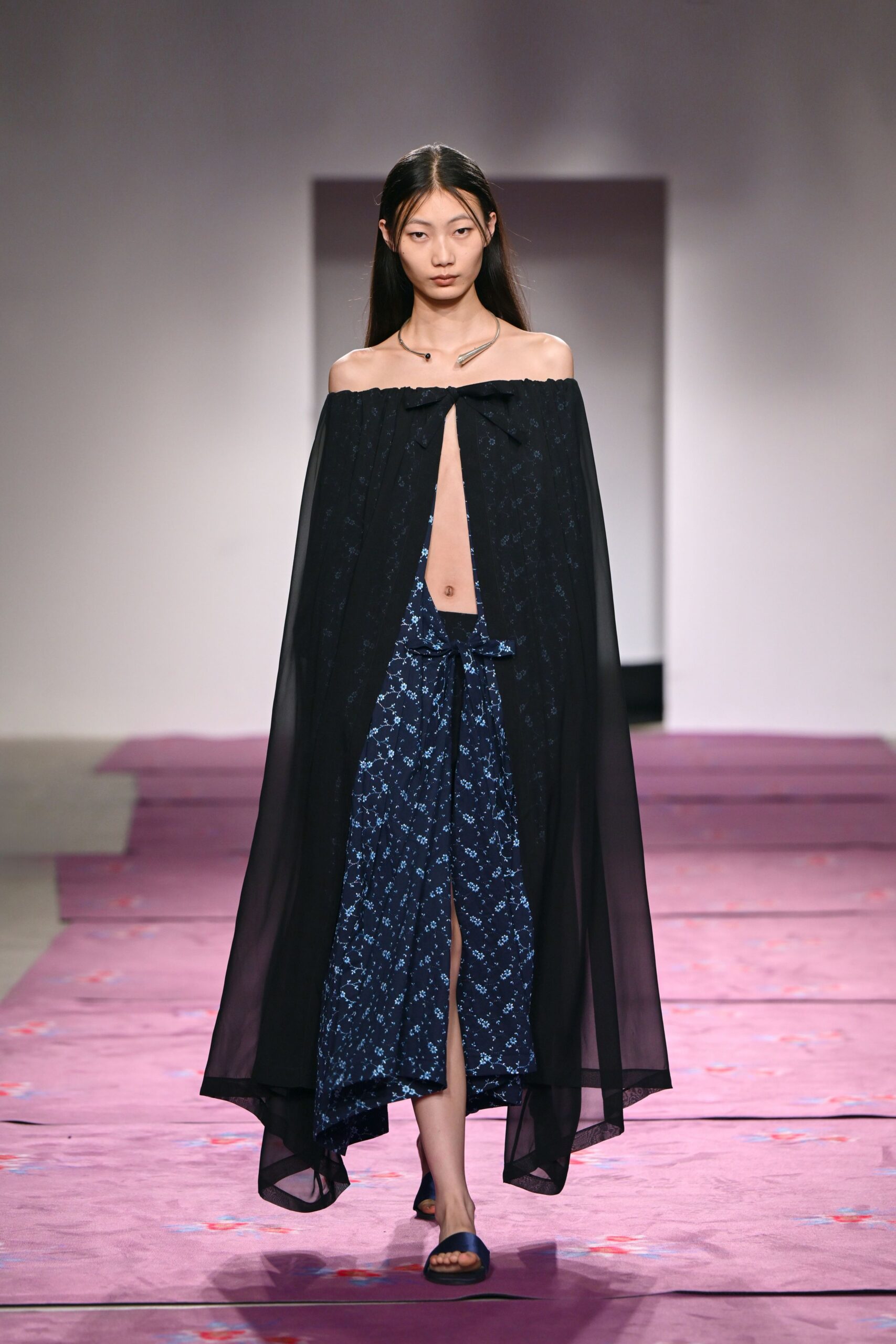 blue chiffon sleeveless off-shoulder fitted flared flowing dress