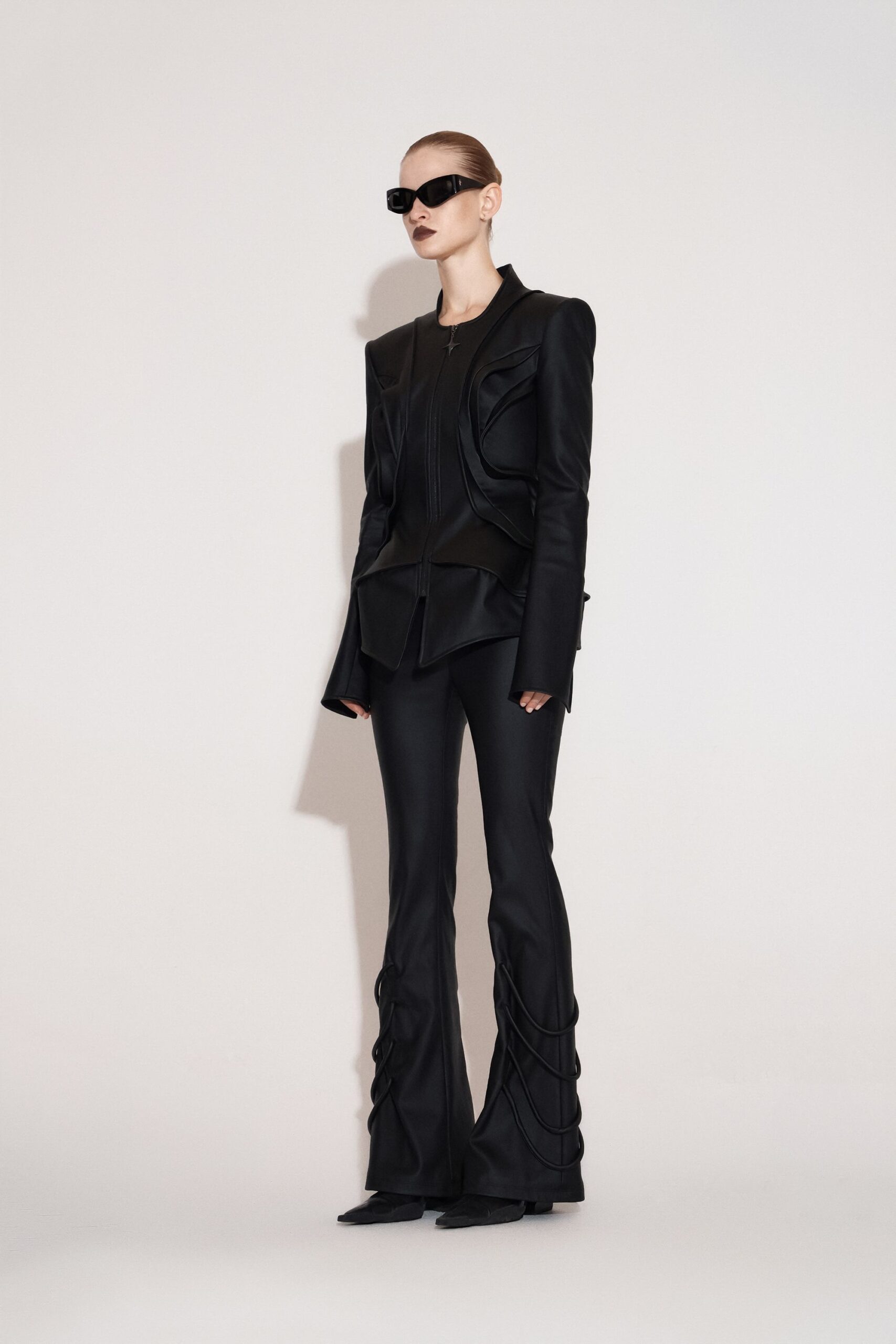 black silk long-sleeve collared structured zippered layered blazer