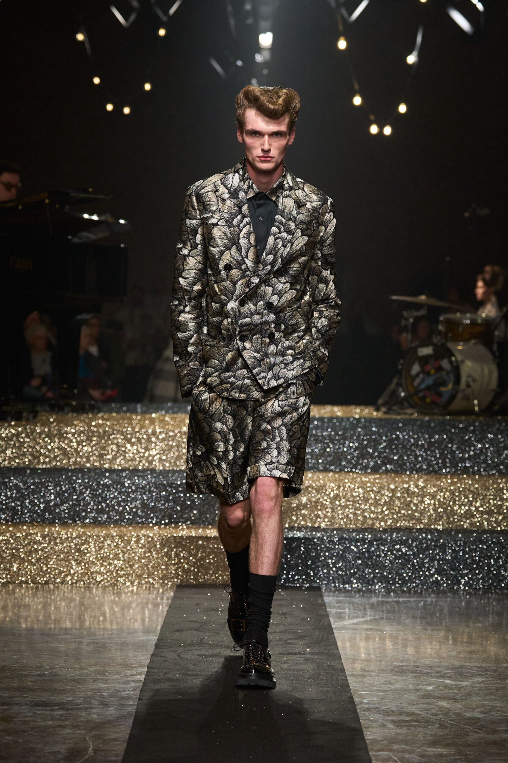 black and gold printed suit