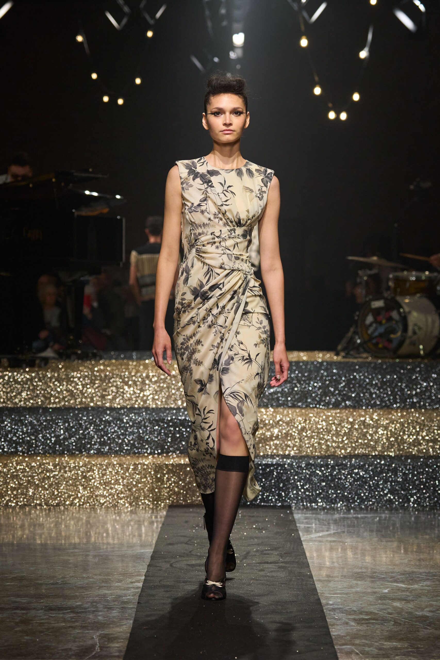 beige floral midi dress with black shoes