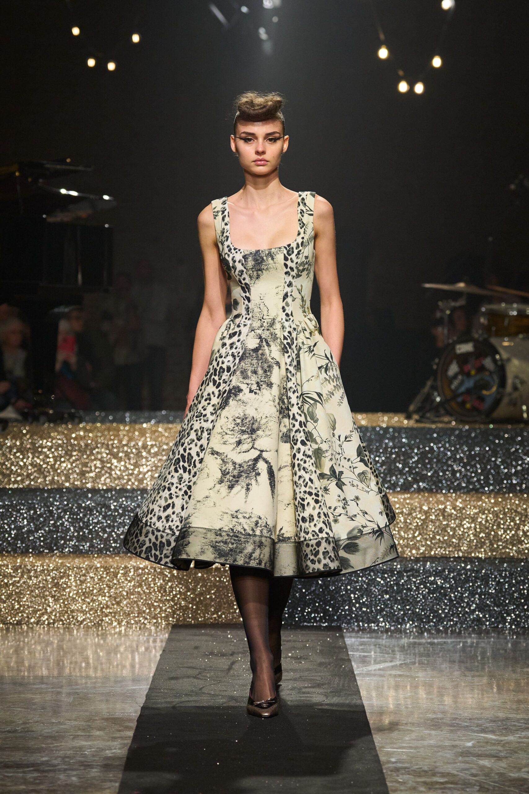 beige printed midi dress with black shoes