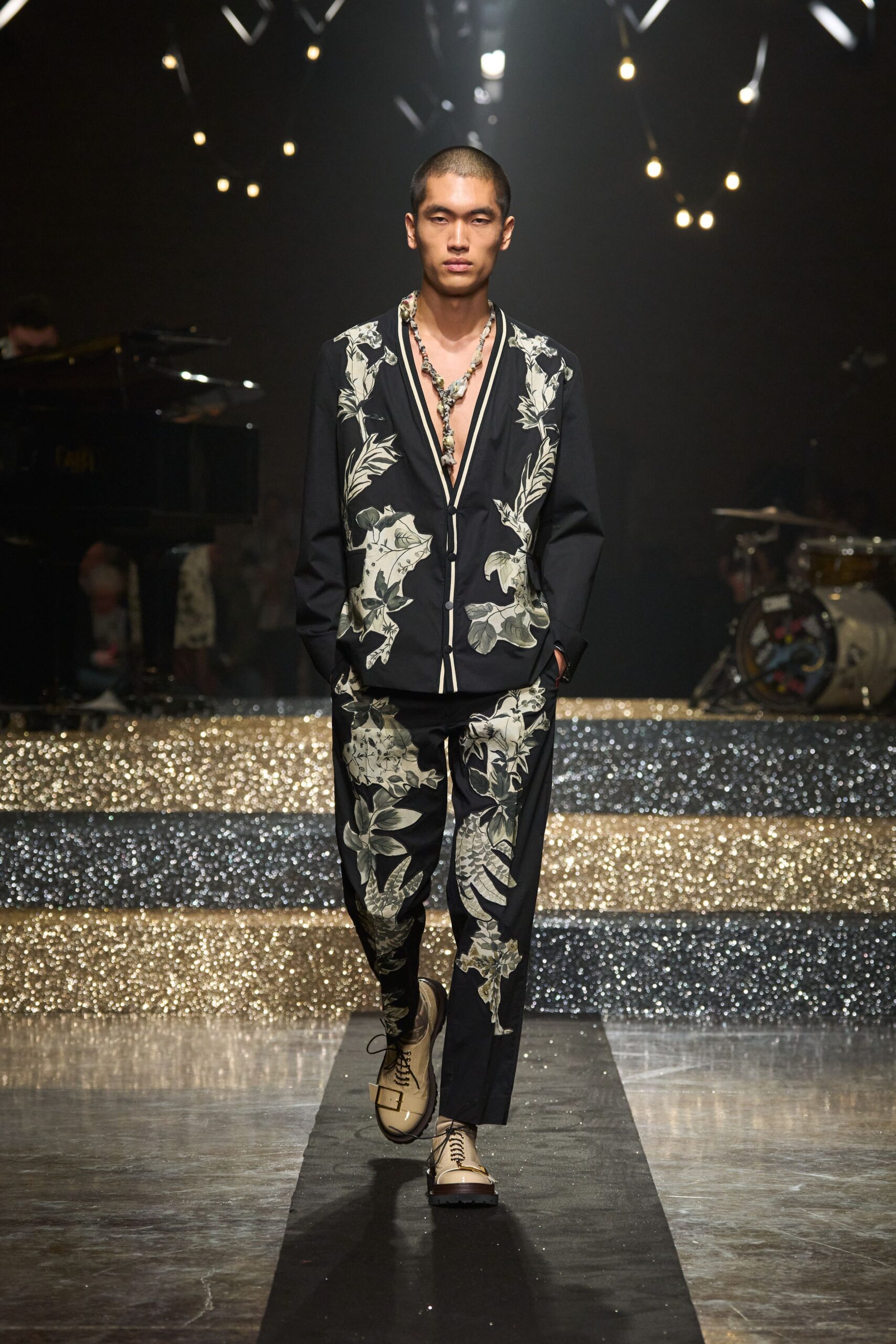 black and white embroidered shirt and pants