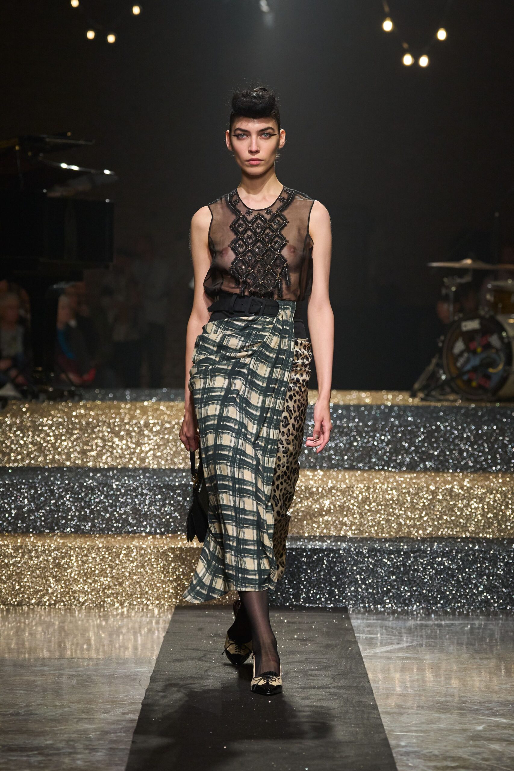 black lace sleeveless top with midi skirt