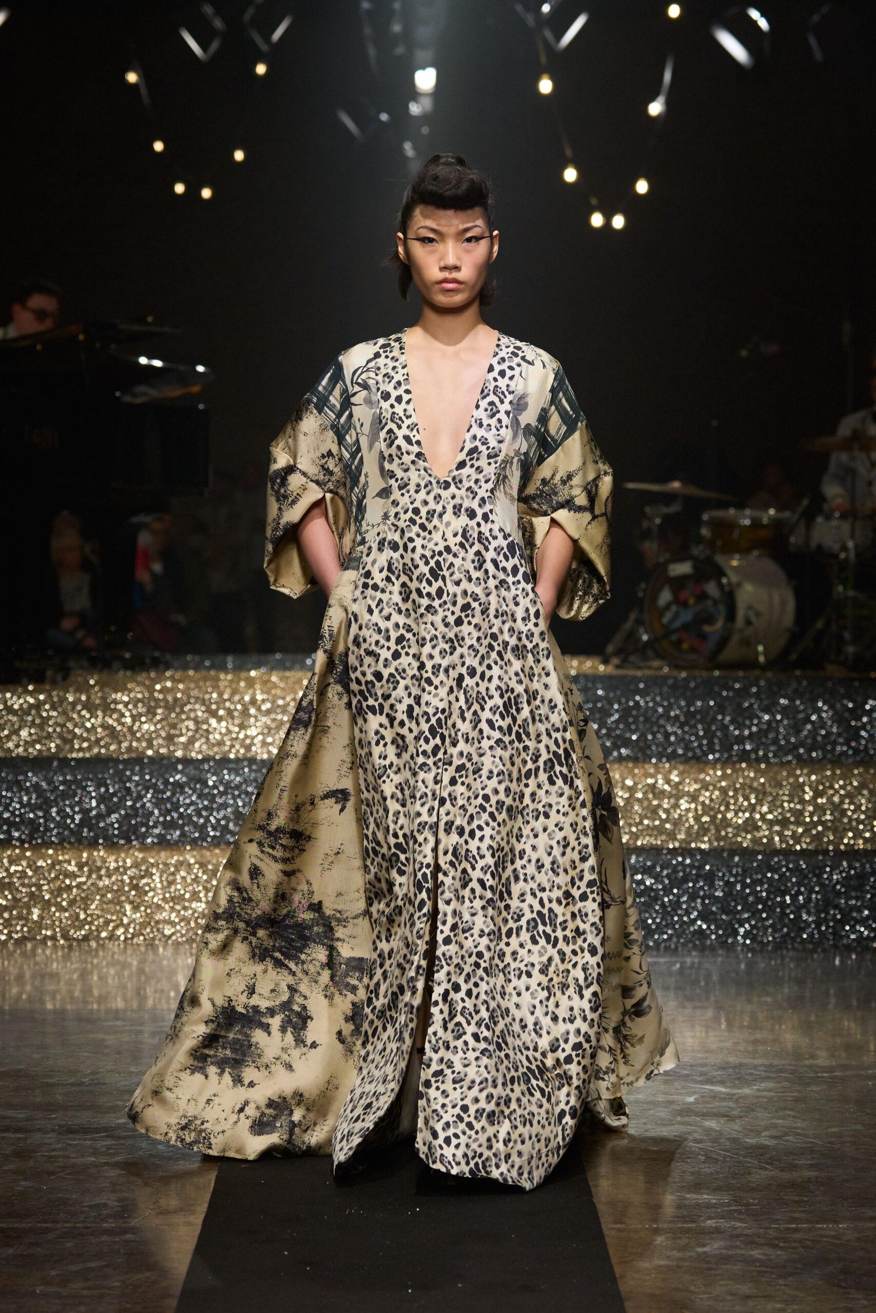 beige and black printed gown