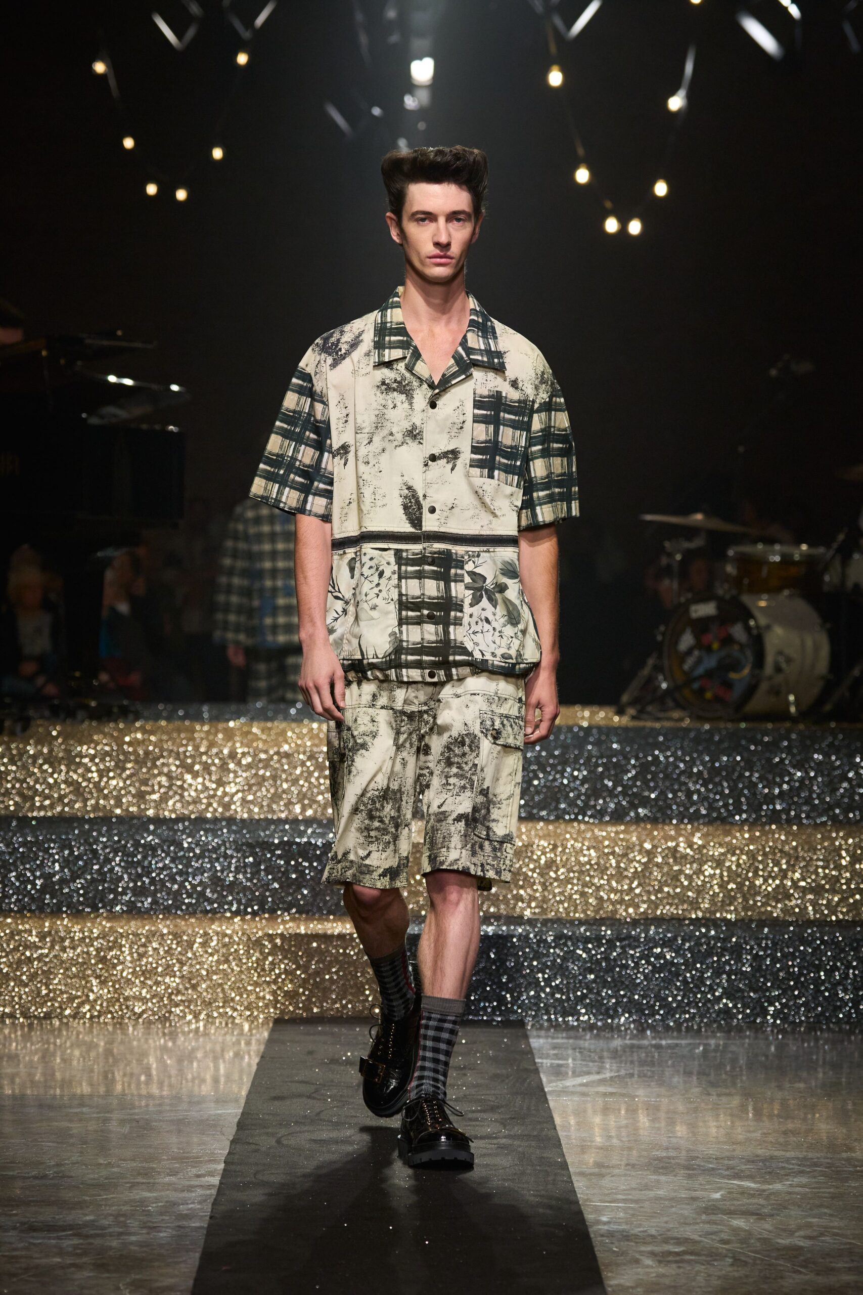 beige checked shirt and shorts