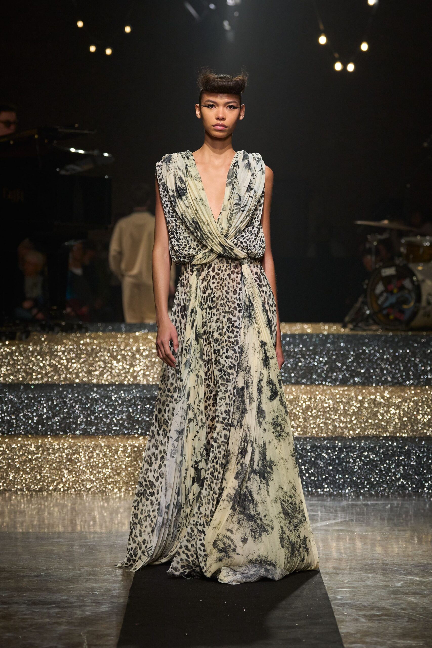 beige black printed flowing gown