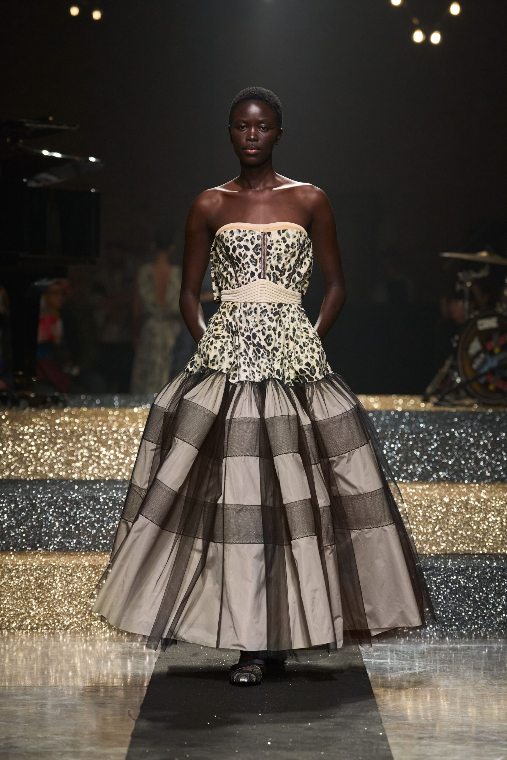 black and beige strapless gown