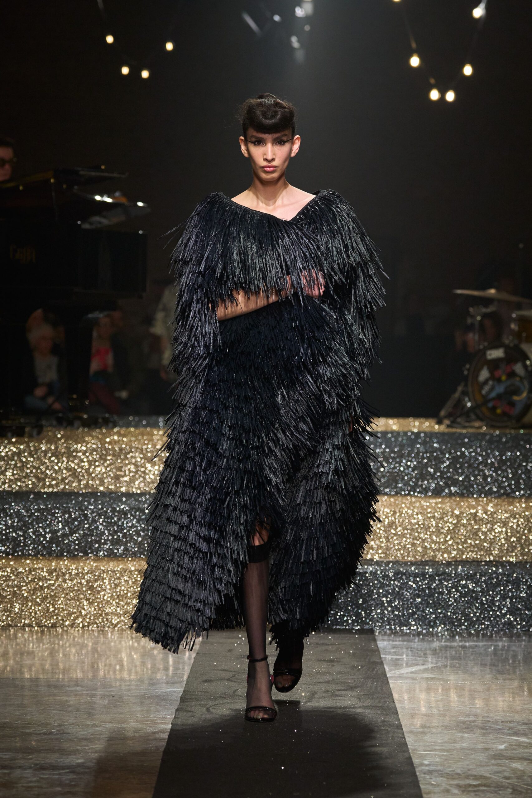 black fringed maxi gown with heels
