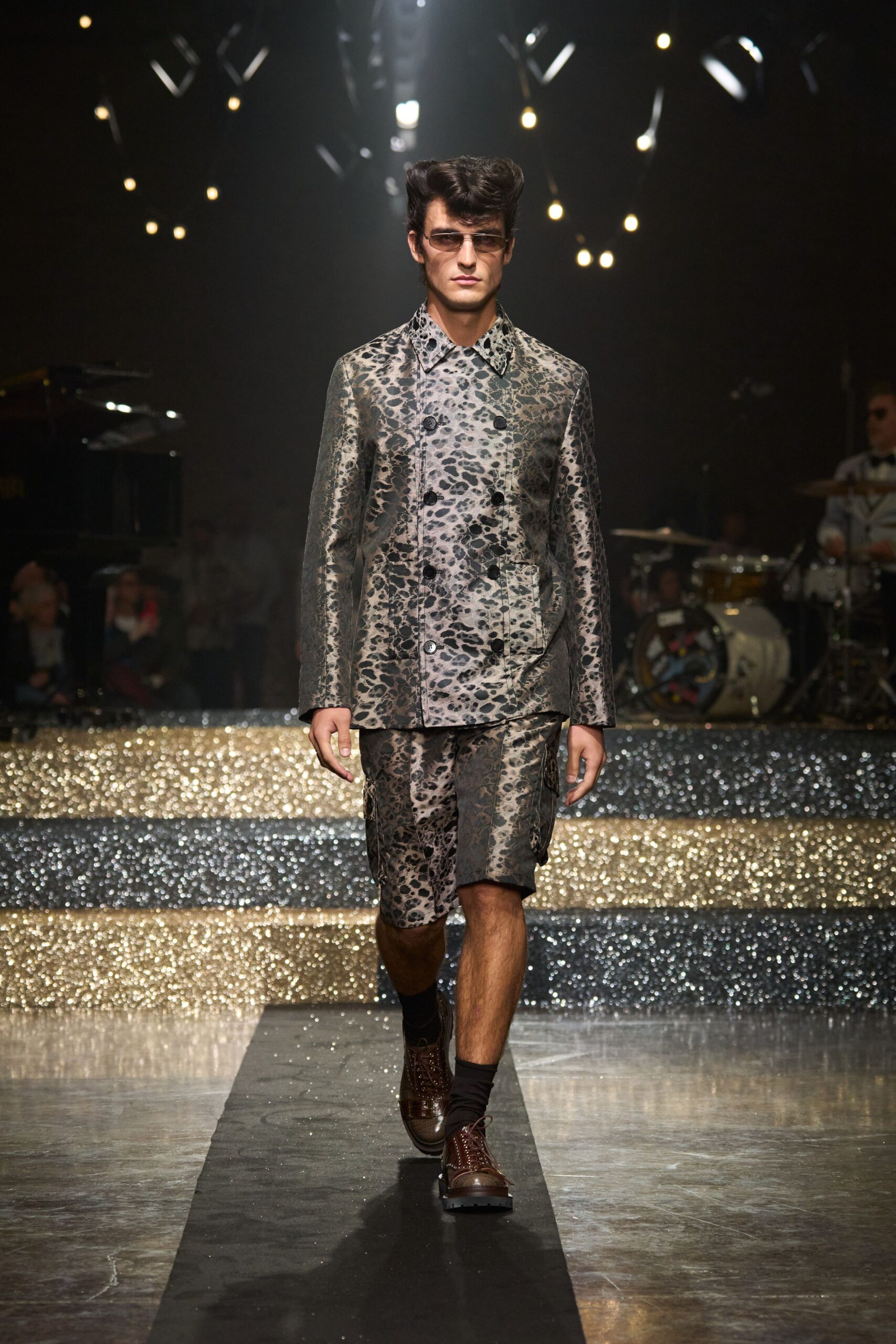gray printed silk suit