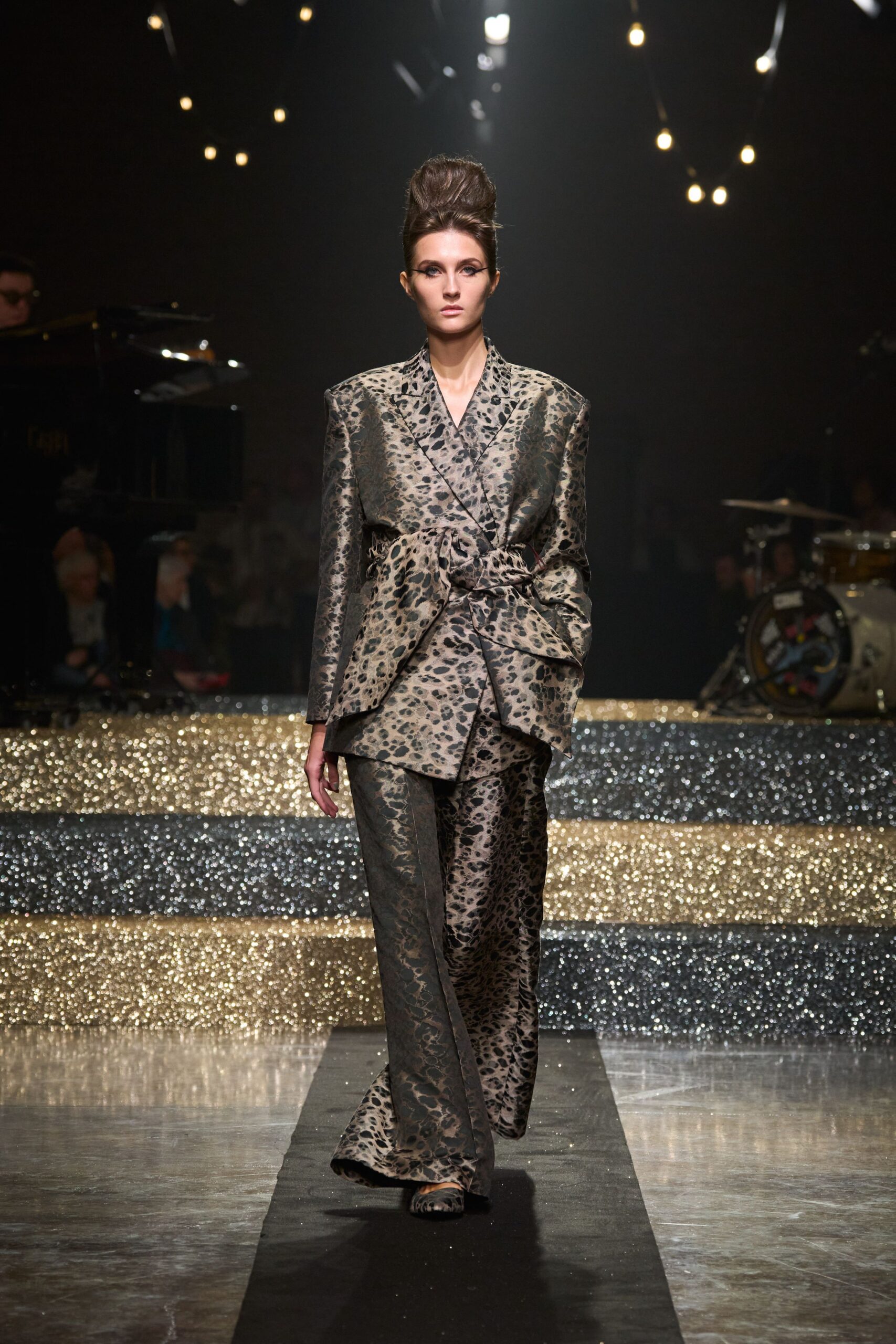 gold and black printed suit