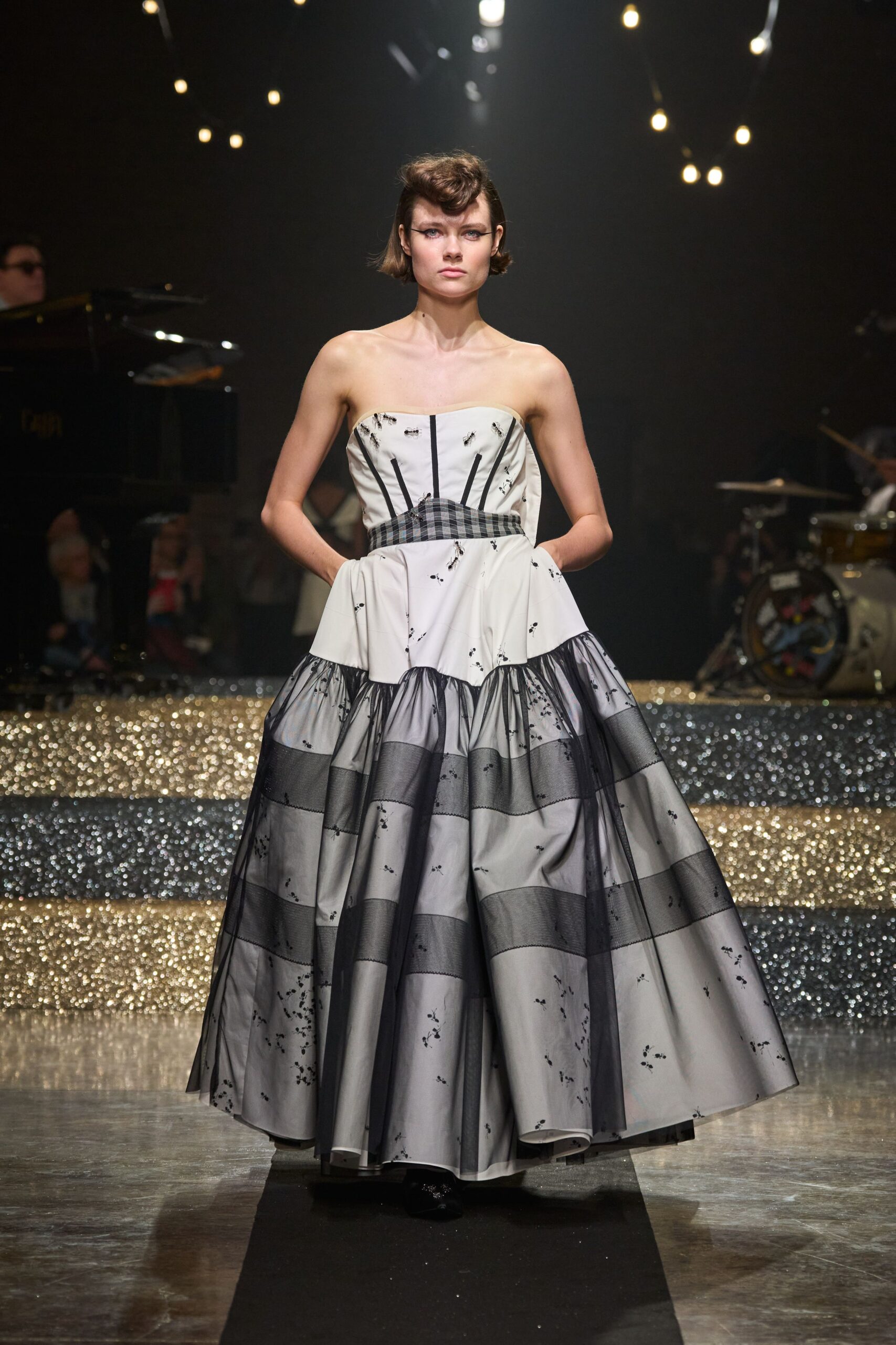 black and white pleated gown