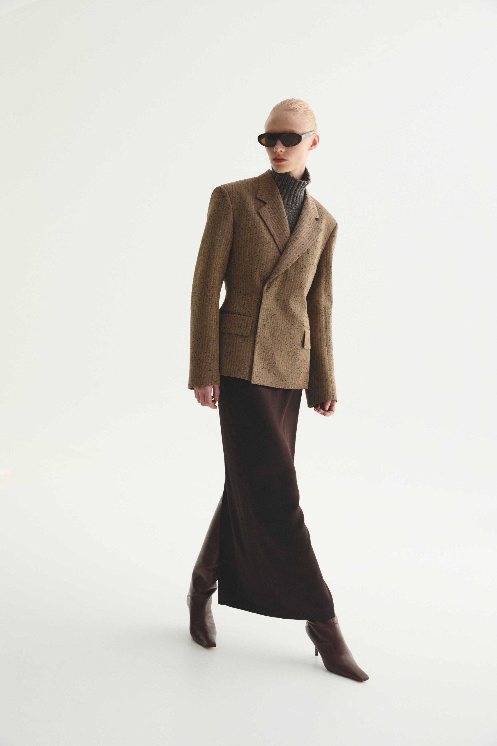 brown satin fitted straight-leg shiny maxi skirt