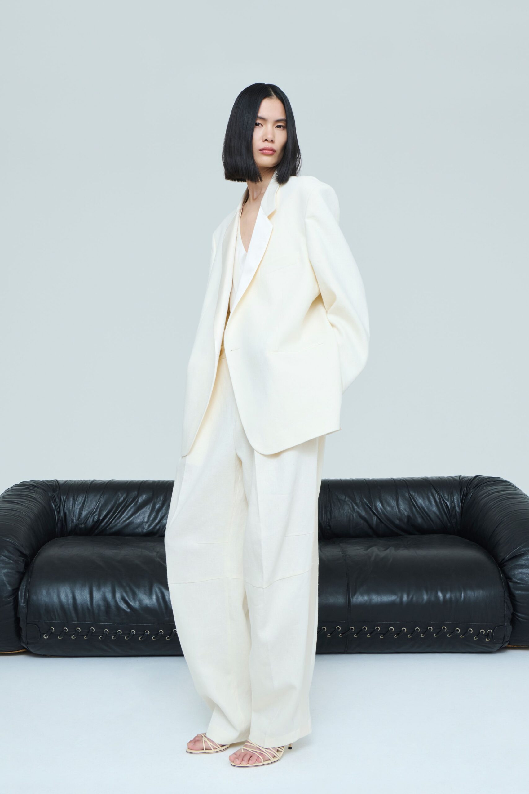 white oversized blazer with relaxed pants