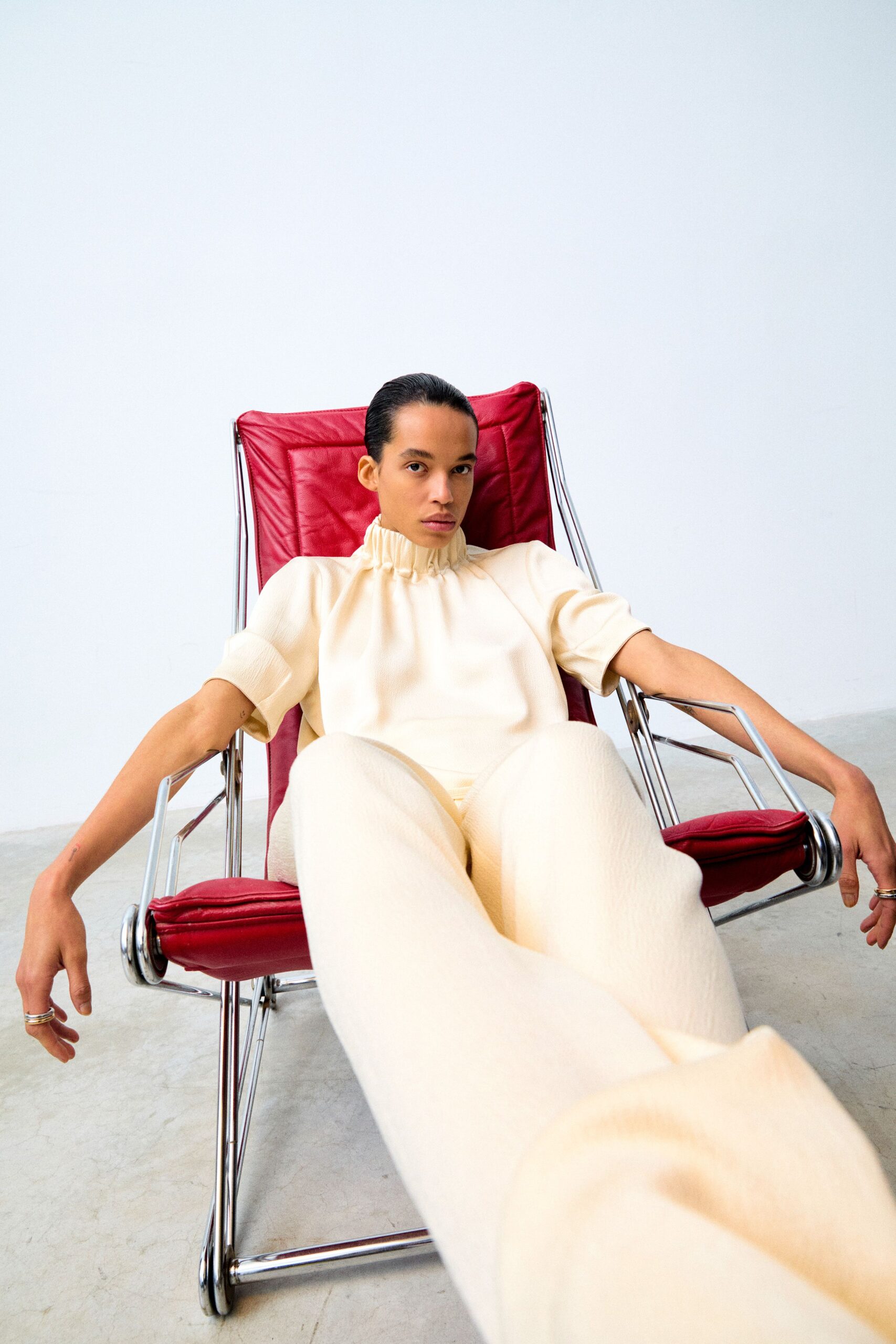 beige relaxed top and fitted pants