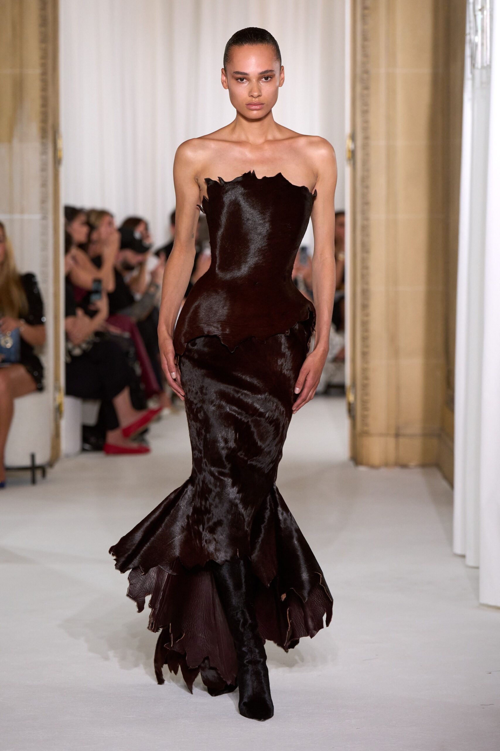 brown leather strapless fitted draped maxi gown