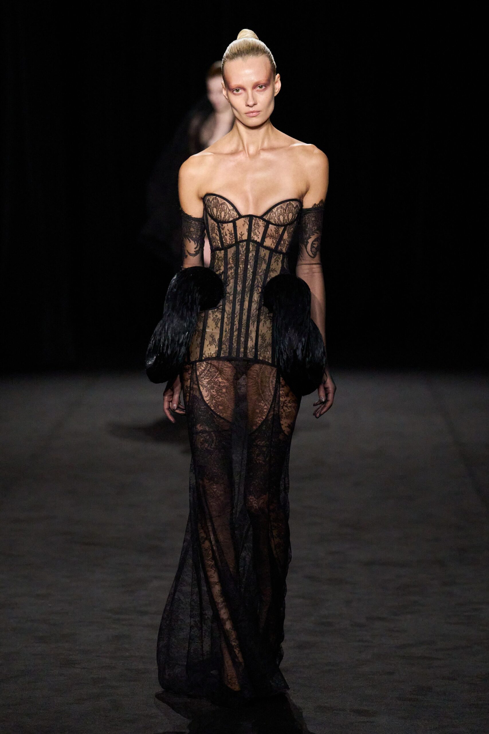 black lace strapless fitted embroidered sheer flowing gown