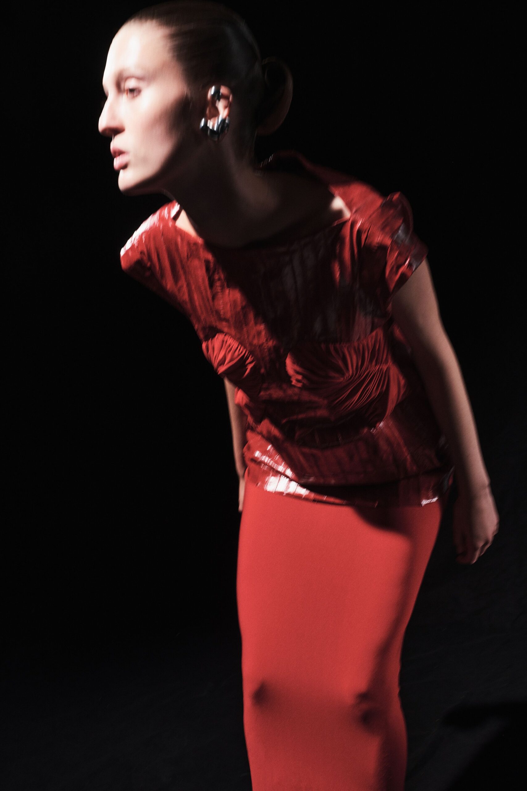 red silk fitted straight-leg midi skirt