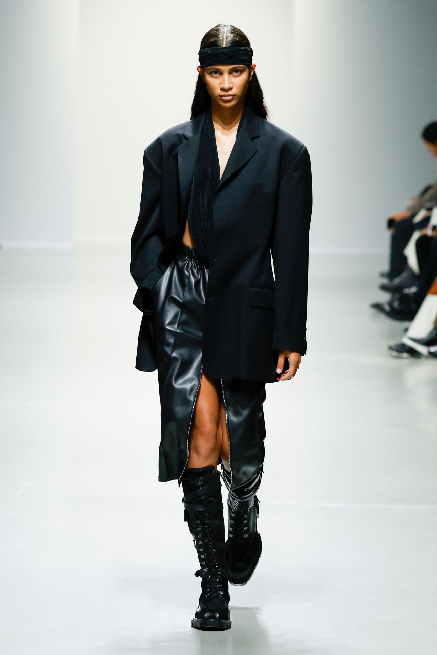 black oversized blazer with leather skirt